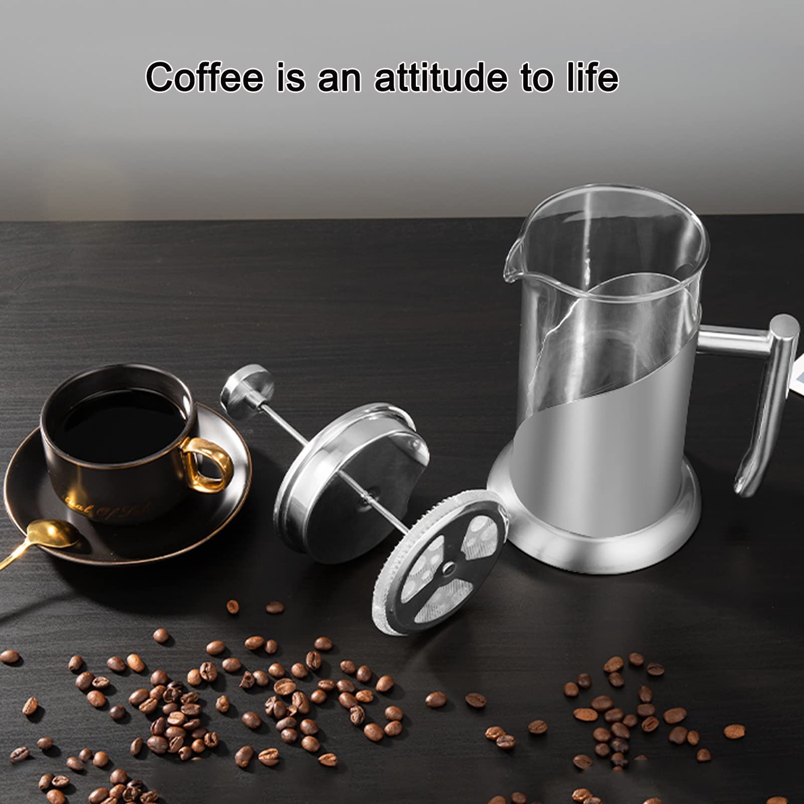 Cafetera Émbolo,Cafetera Francesa De Acero Inoxidable De 304 Grados Con 3 Filtros,Vidrio Borosilicato Cafetera De Piston Tetera,Resistente Al Calor Duradera,Soporte Extraíble Para Una Fácil Limpieza