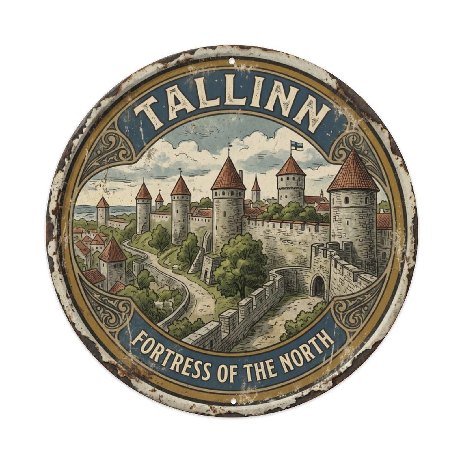 Vintage Travel Tallinn Walls Estonia Metal Tin Sign Plaque Wall Decor for Cafe, Club Bar, Office, Home Garden Round Metal Poster 8x8Inch