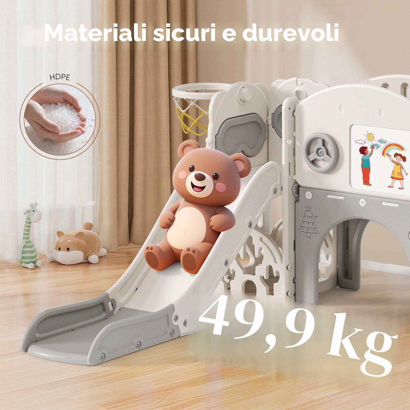 Scivolo per bambini 11 in 1, scivolo per bambini da interno ed esterno con canestro da grande con cestino da basket, telaio da arrampicata per giardino, spazio di archiviazione