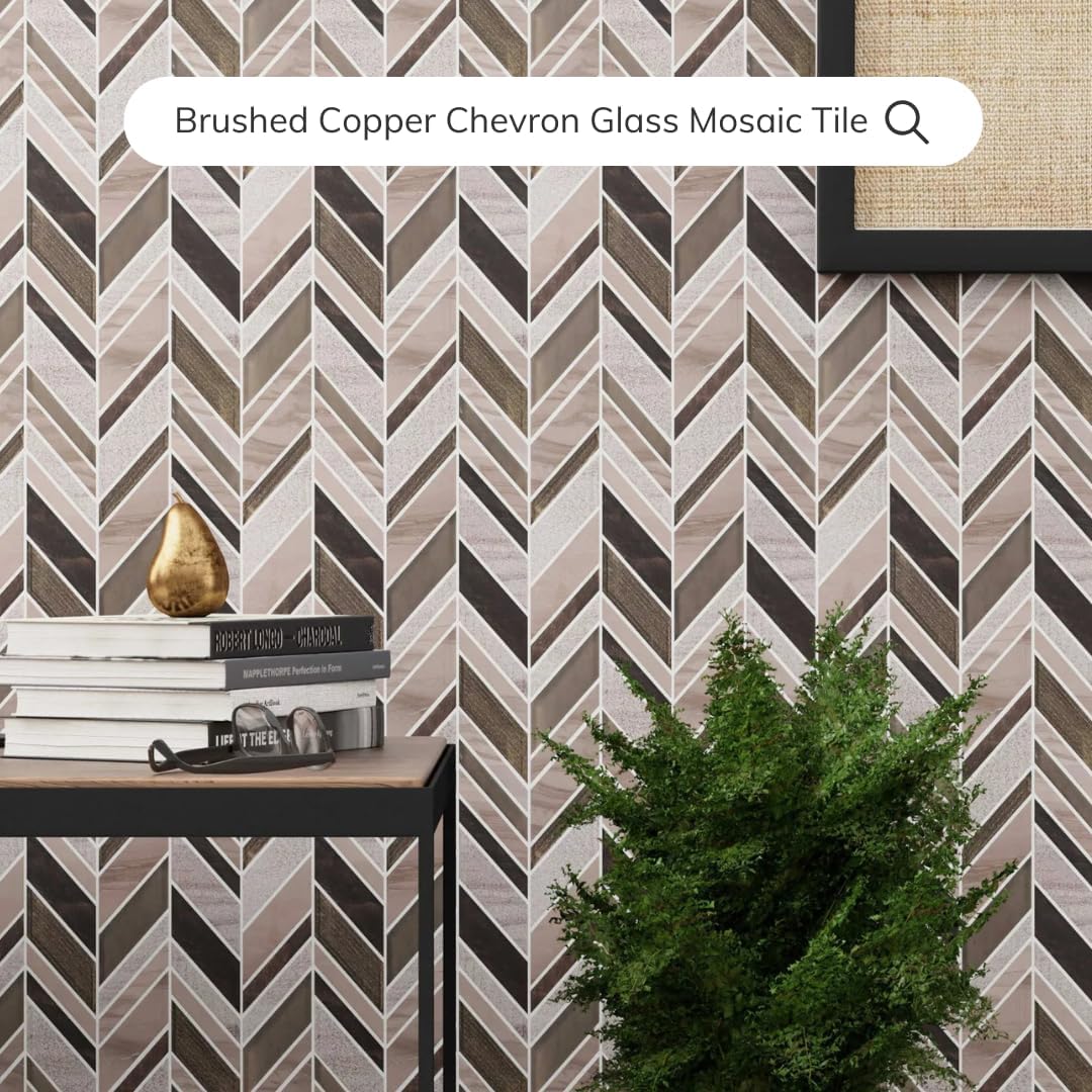 Tenedos HTC281 Brushed Copper Chevron Glass Mosaic Tile – 1 Sheet for Kitchen Backsplash, Bathroom Wall, Shower Accent, and Fireplace Surround Applications
