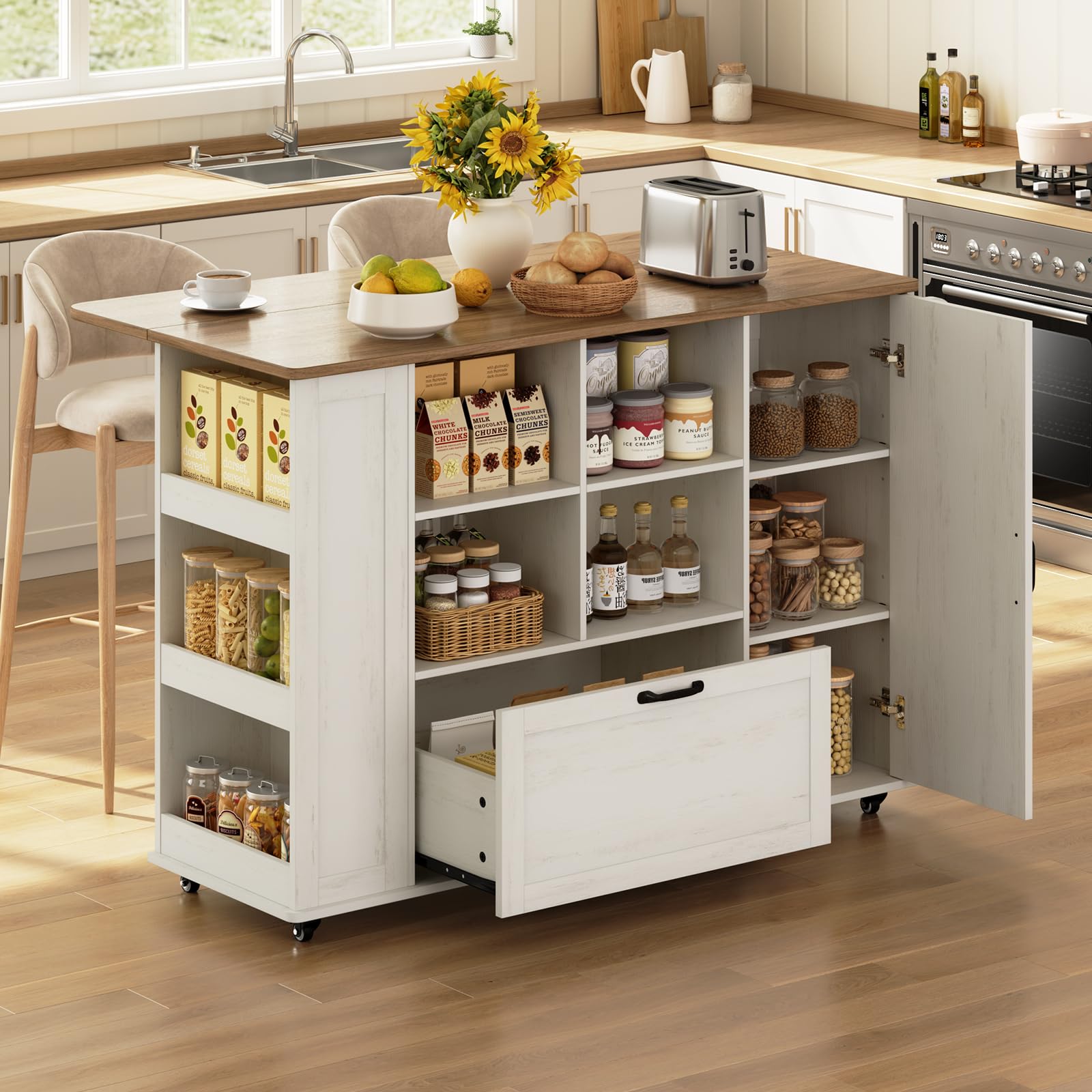51" Rolling Foldable Kitchen Island with Stroge &amp; Power Outlet, Mobile Island Cart on Wheels with Wood Drop Leaf,Farmhouse Portable Island Cart with Cabinet &amp; Spice Rack, Rustic White
