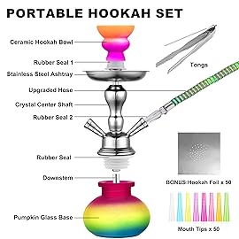 2 Hose Hookah Set 11\'\' Small Shisha Hookah Set With Mini Pumpkin Glass Vase, Ceramic Bowl, Leather Hose, Coal Tong, Hookah Foil, Disposable Tips (Colorful)
