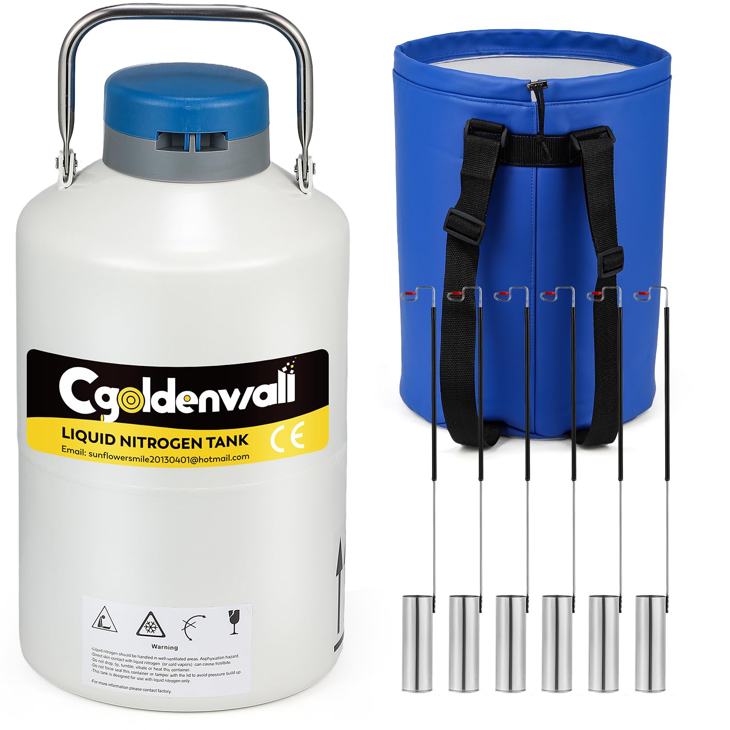 CGOLDENWALL 6L Cryogenic Container Liquid Nitrogen LN2 Tank Dewar Liquid nitrogen dewar Aluminum Alloy with 6 Canisters and Carry Bag