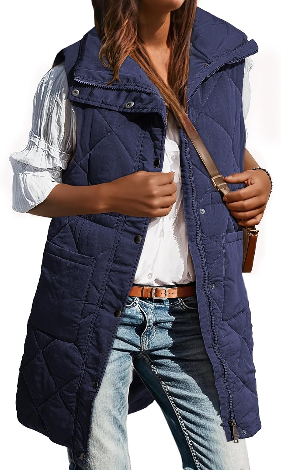 Dokotoo Women's Casual Winter Long Puffer Vest Stand Collar Sleeveless Puffy Jackets Coat with Pockets