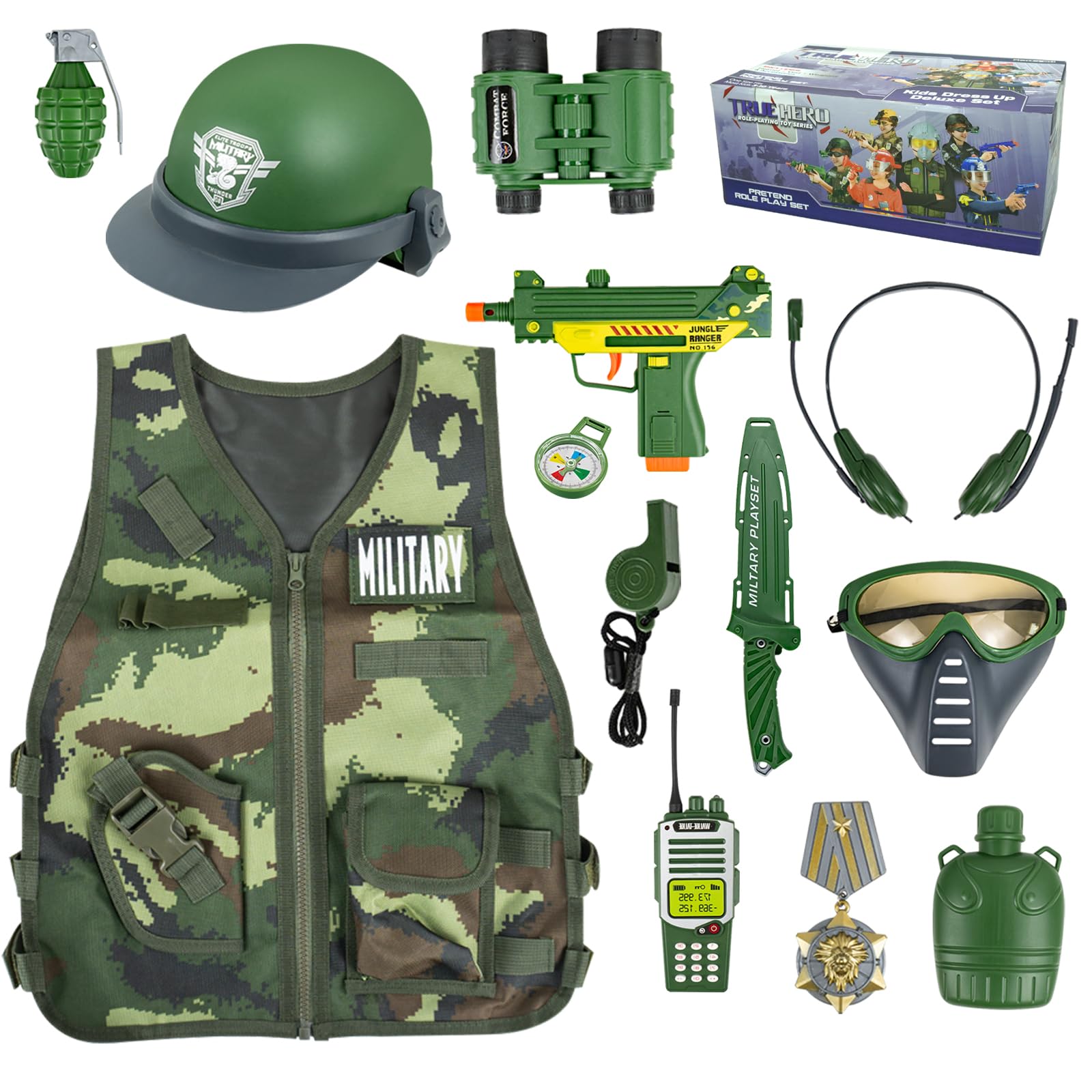 KalaDuck Juguetes del Ejército para Niños, Niños Chaleco Militar Disfraz con Casco y Accesorios de Juguete Militares, Soldados Halloween Uniforme Militar Juego de rol Juguetes Regalo para Niños Niñas