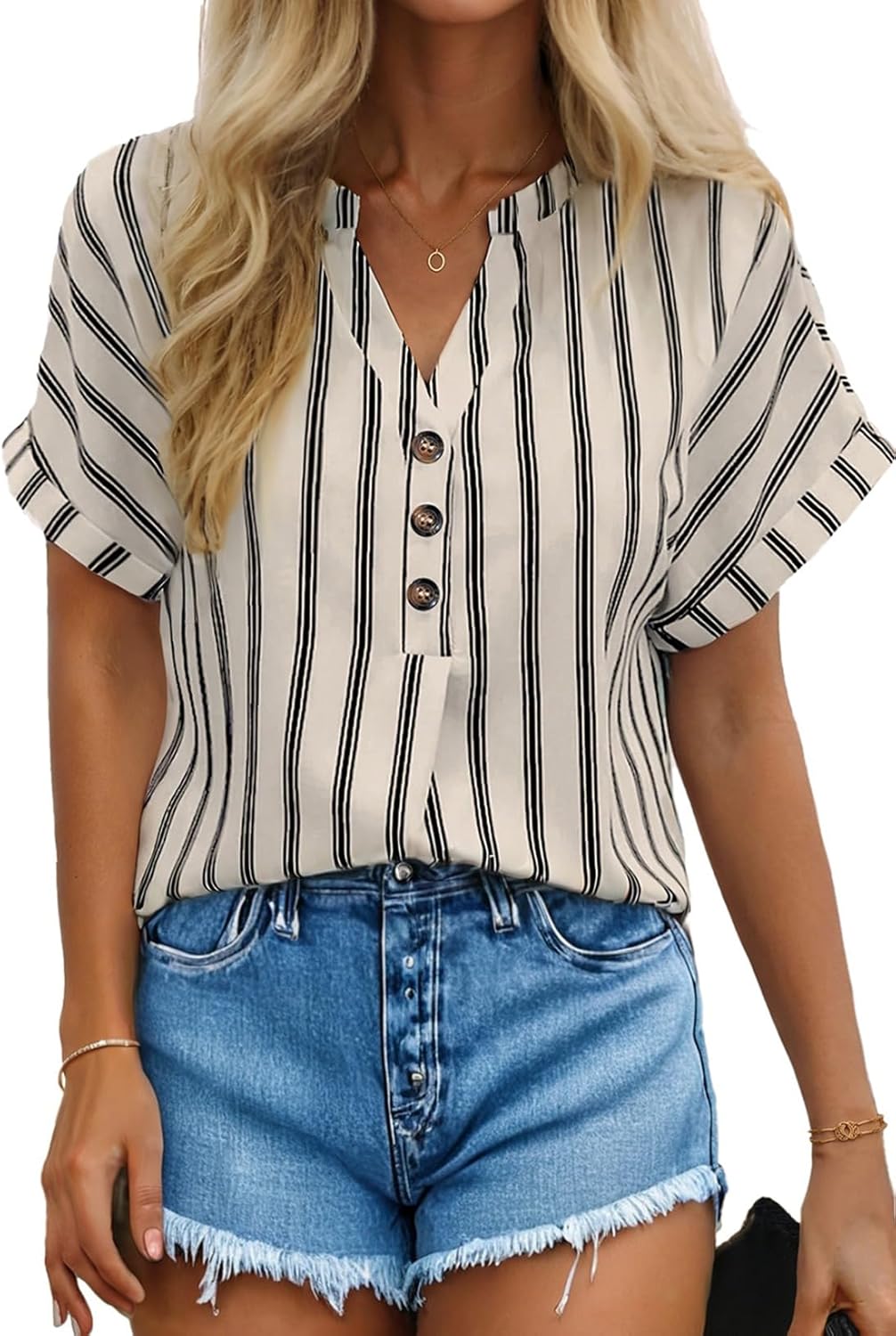 Dokotoo Women’s Summer Short Batwing Sleeve Button Shirts Business Casual Striped Color Block V Neck Lightweight Tops Blouses