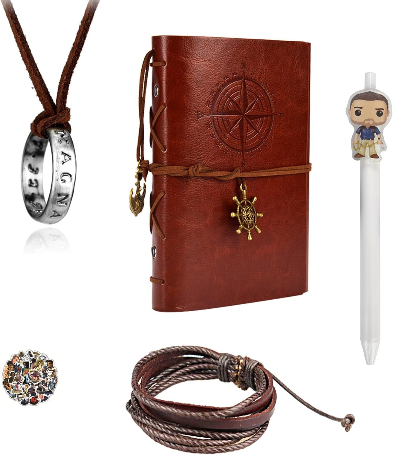 HJYZY Uncharted 4 Leather Writing Journal Noteboo Note Pen Brown Vintage Refillable Journey Diary Drake Sticker Ring Necklace Retractable Leather Bracelet 29pcs