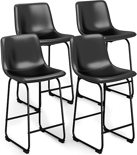 Miniatura 42 de Juego de 3 taburetes de bar de 26 pulgadas, modernos taburetes de bar de altura de barra, taburetes de bar de cuero sintético con respaldo y patas