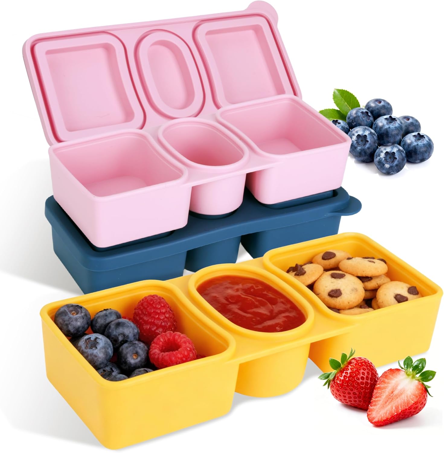 MACTANO 3 Pack New Reusable Silicone Snack Containers with Lids, 12 oz Three Compartment Condiment Meal Prep Control Containers Portable Small Leakproof for Office Travel Picnic