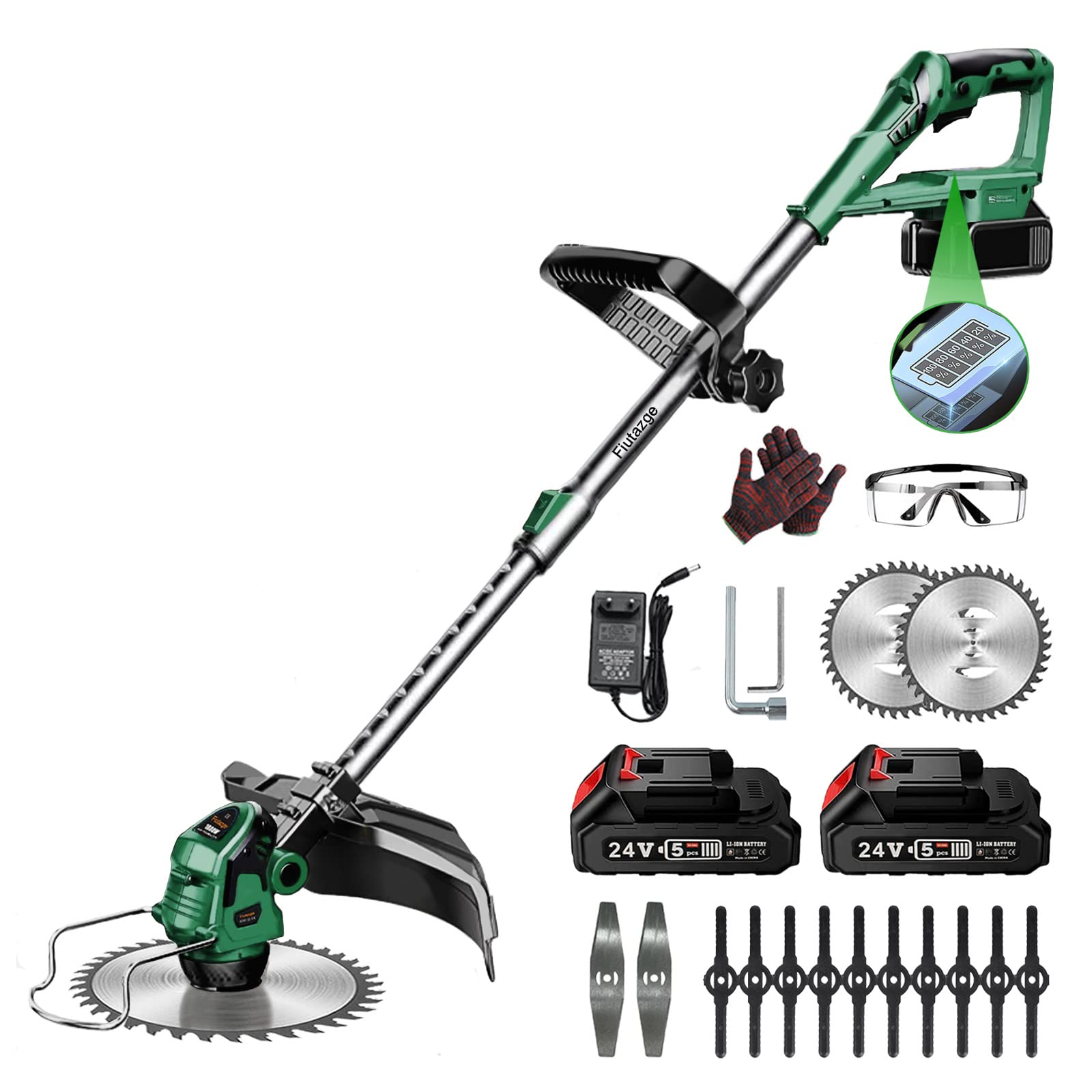 JIECO Cordless Grass Trimmer, Strimmer Cordless 24V with 2 PCS 2.0Ah Batteries and 3Types Blades, Telescopic Lightweight Powerful Grass Trimmer with wheel for Lawn and Bush Trimming (Green-1)