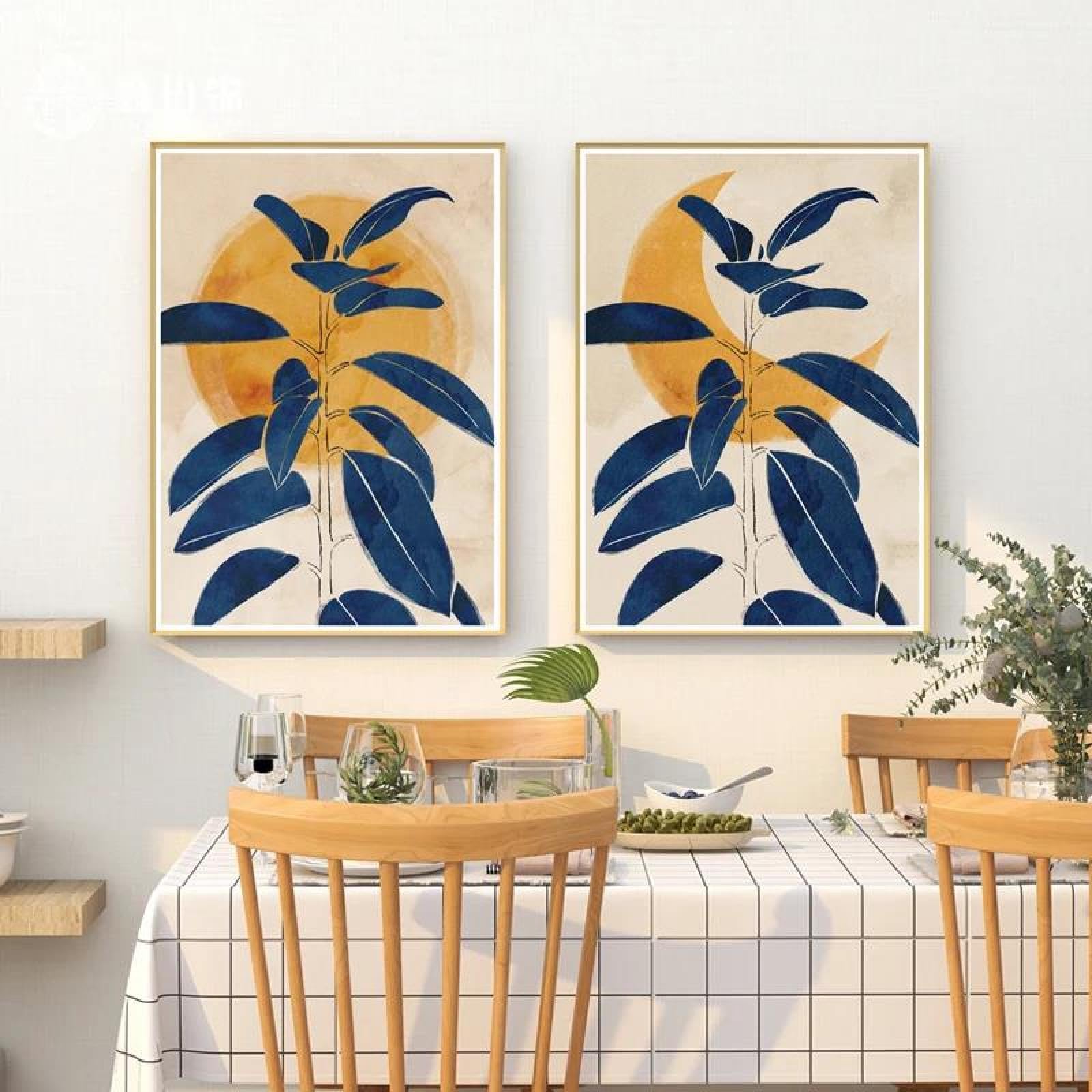 Baibexing Minimalist Abstract Blue Plant Leaves Moon Canvas Painting Poster Print Wall Art Living Room Room Home Decoration 50X70Cmx2Pcs Unframed