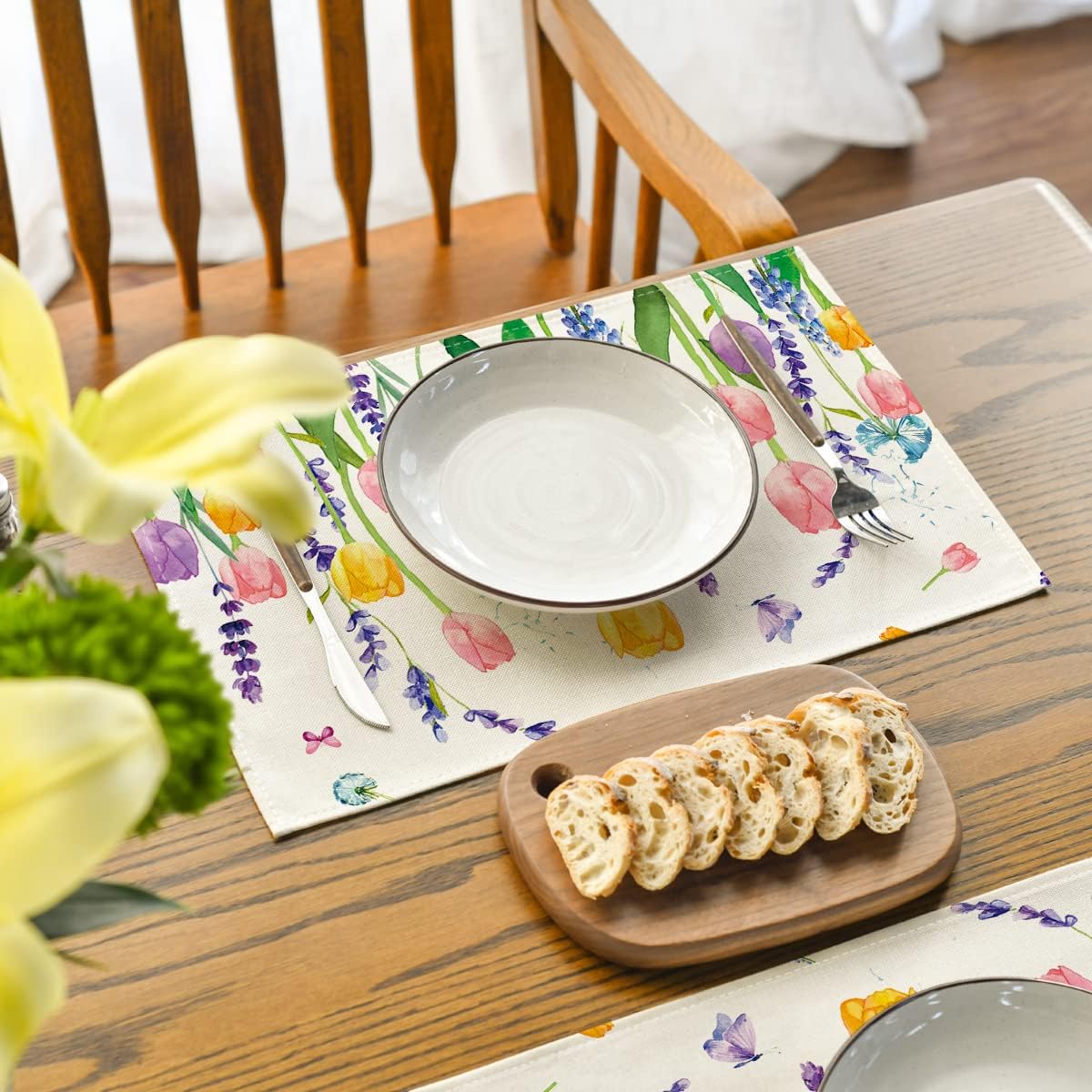 Artoid Mode Lavender Tulip Spring Placemats for Dining Table, 12 x 18 Inch Summer Seasonal Holiday Decoration Rustic Vintage Washable Table Mats Set of 6