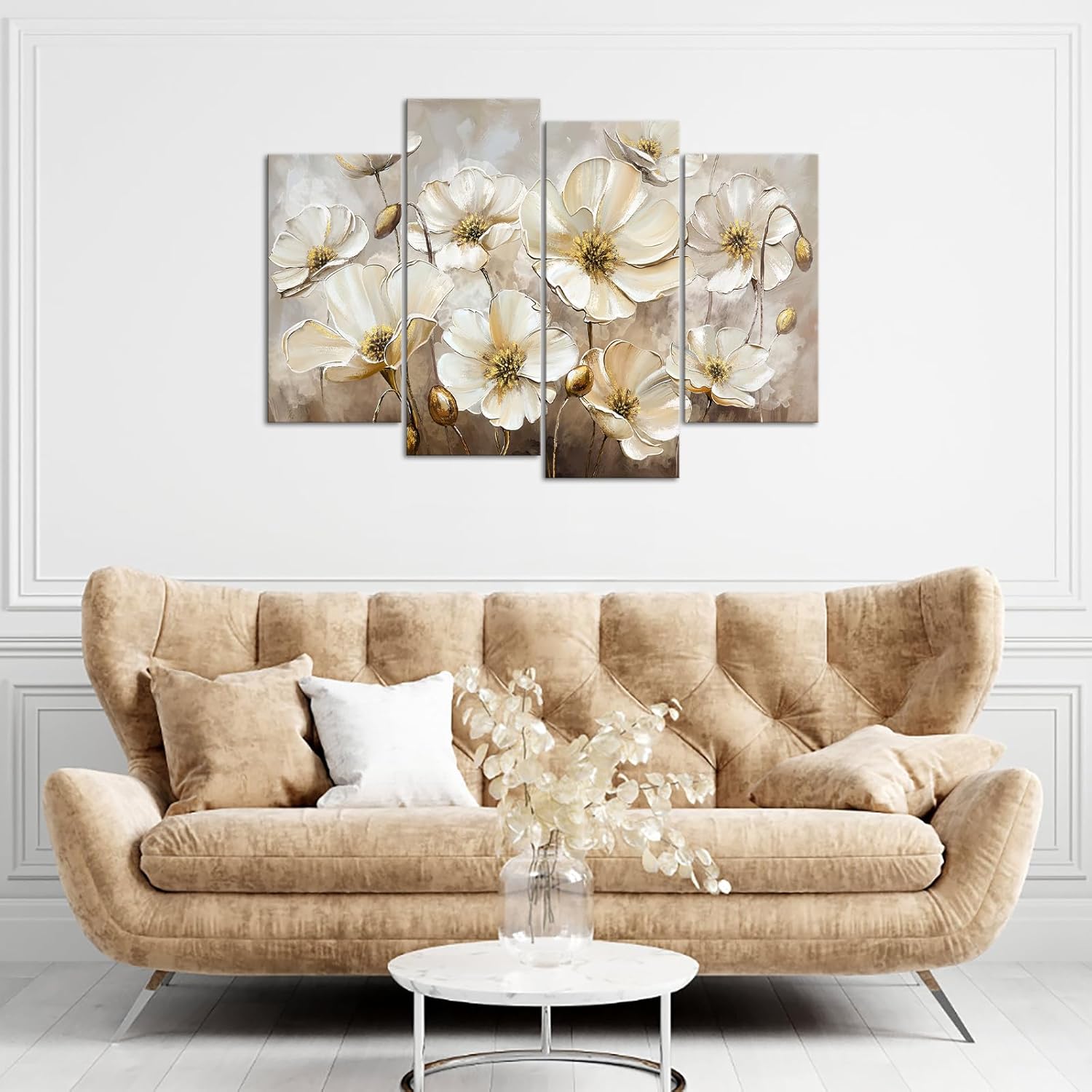 HOMEOART Flowers Wall Art For Living Room Rustic Flower Painting Prints Farmhouse Living Room Bedroom Decor, Framed Large 4 Pieces 48x34 inch, Brown and Gold