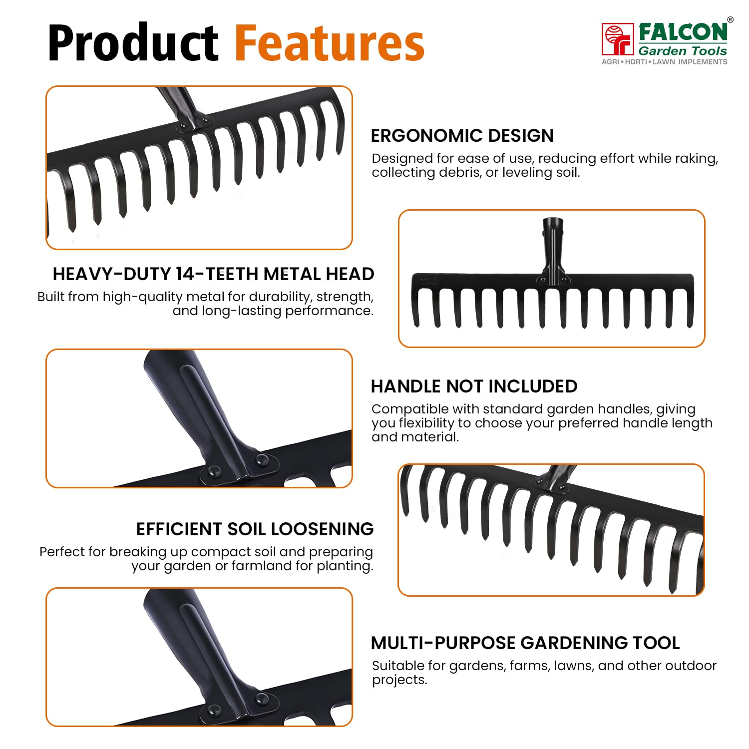 FALCON FGR-14 Garden Rake 14-Teeth Metal Head for Loosening Soil Gathering Leaf Leveling Land Agriculture Farming Gardening Tool (Pack of 1, Without Handle) 2