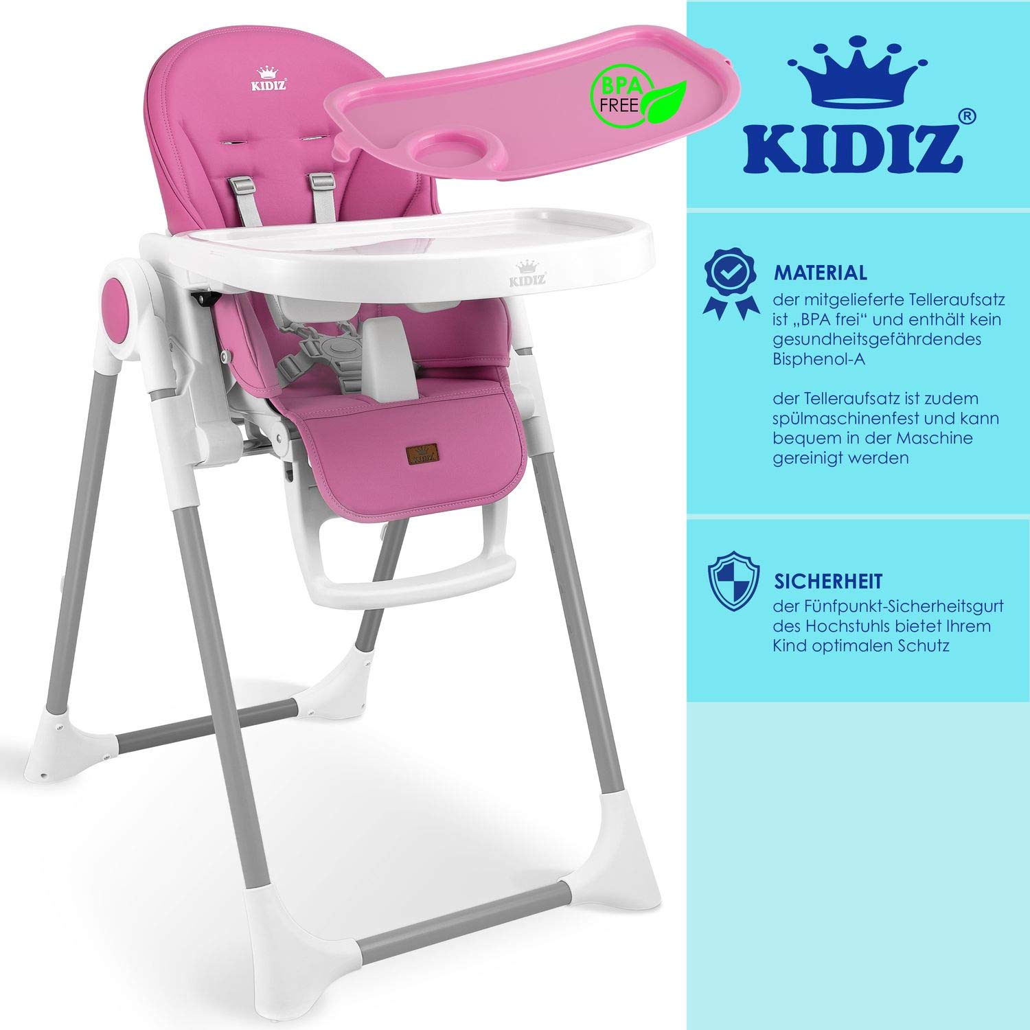 KIDIZ® 3 in 1 Seggiolone Seggiolone per bambini con barra dei giochi, Lettino per bambini, Seggiolone combinato Seggiolone per bambini, Schienale regolabile in 7 diverse altezze, Rosa