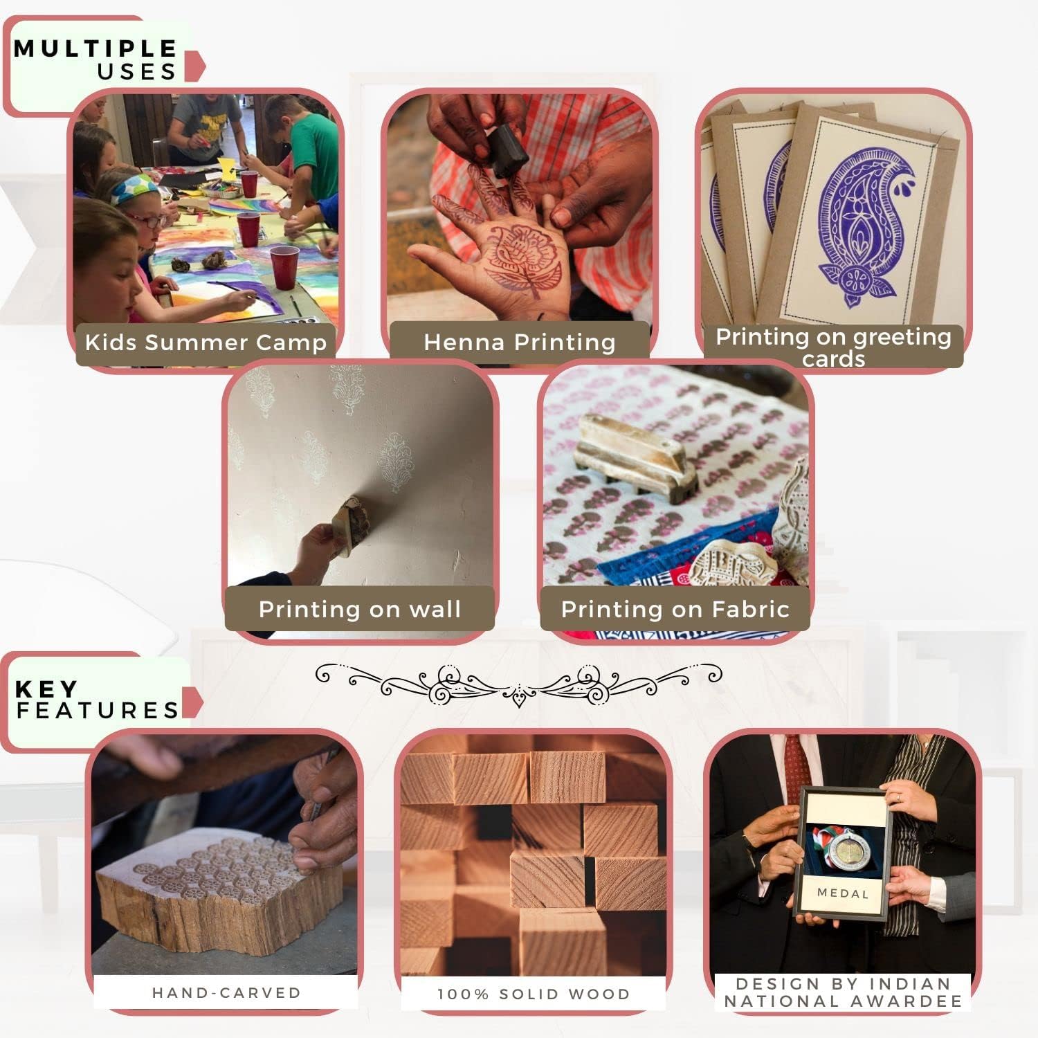 Hashcart | Set of 5 | Handcarved Wooden Multi Design Blocks for Scrapbooking/Wooden Stamps for Project Designing/Fabric Textile/Clay/Pottery Craft/Tattoo 3