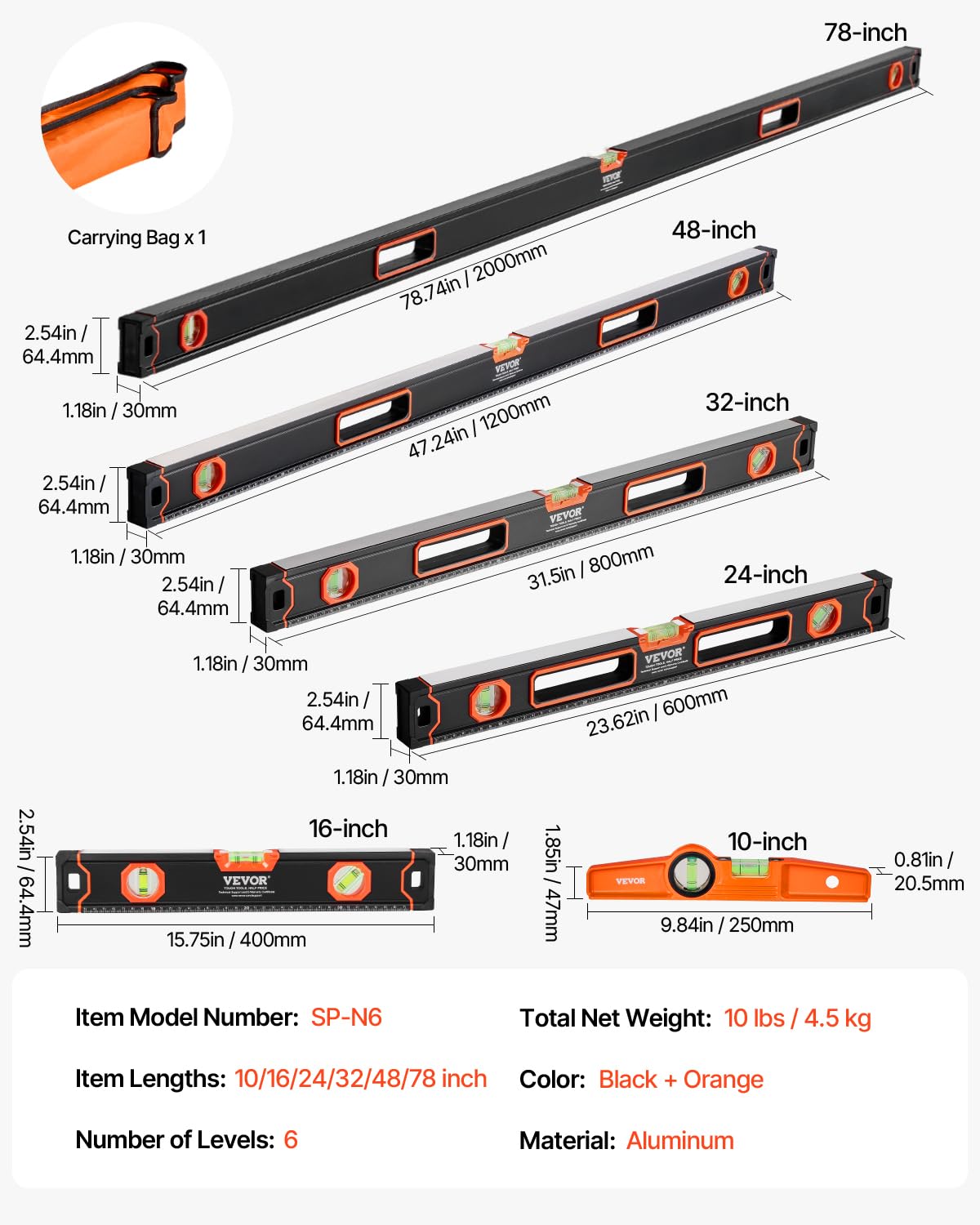 VEVOR 6-Piece Torpedo Level, 78/48/32/24/16/10 Inch Box Levels Set, Bubble Vials Ruler for 45/90/180 Degree, Shock-Proof Aluminum Alloy Magnetic Leveler Tool, SAE/Metric Scale(Only 10-inch has magnet)