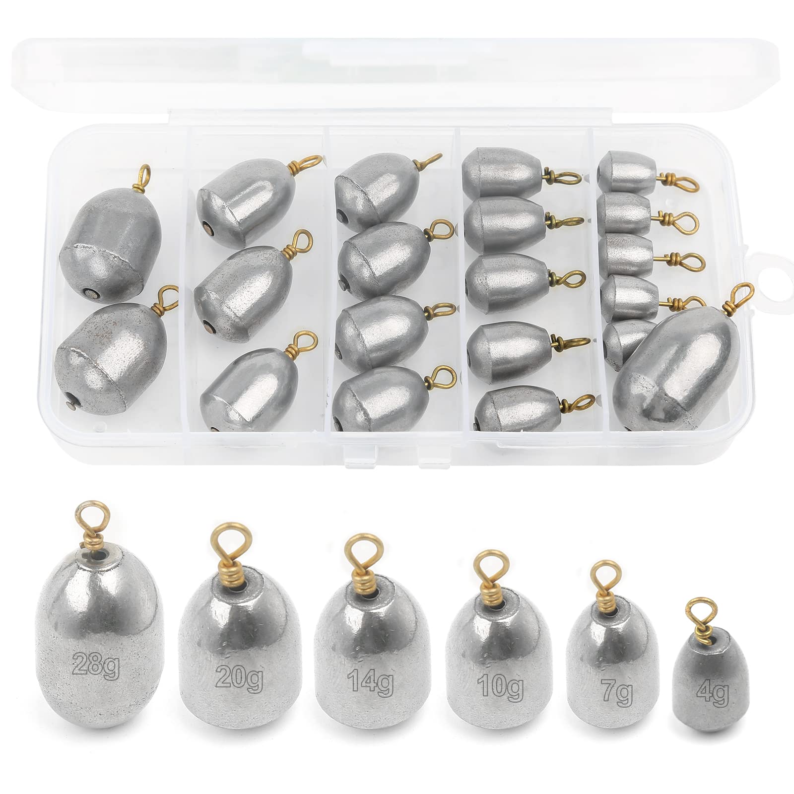 Realure 20 Pcs Fishing Weights Set 6 Sizes Sea Fishing Weights 4g 7g 10g 14g 20g 28g Pure Iron Sinker Weights Fishing for Saltwater Freshwater with Box