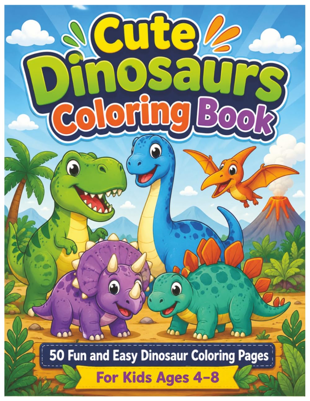 Cute Dinosaurs Coloring Book: 50 Fun and Easy Dinosaur Coloring Pages for Kids Ages 4-8