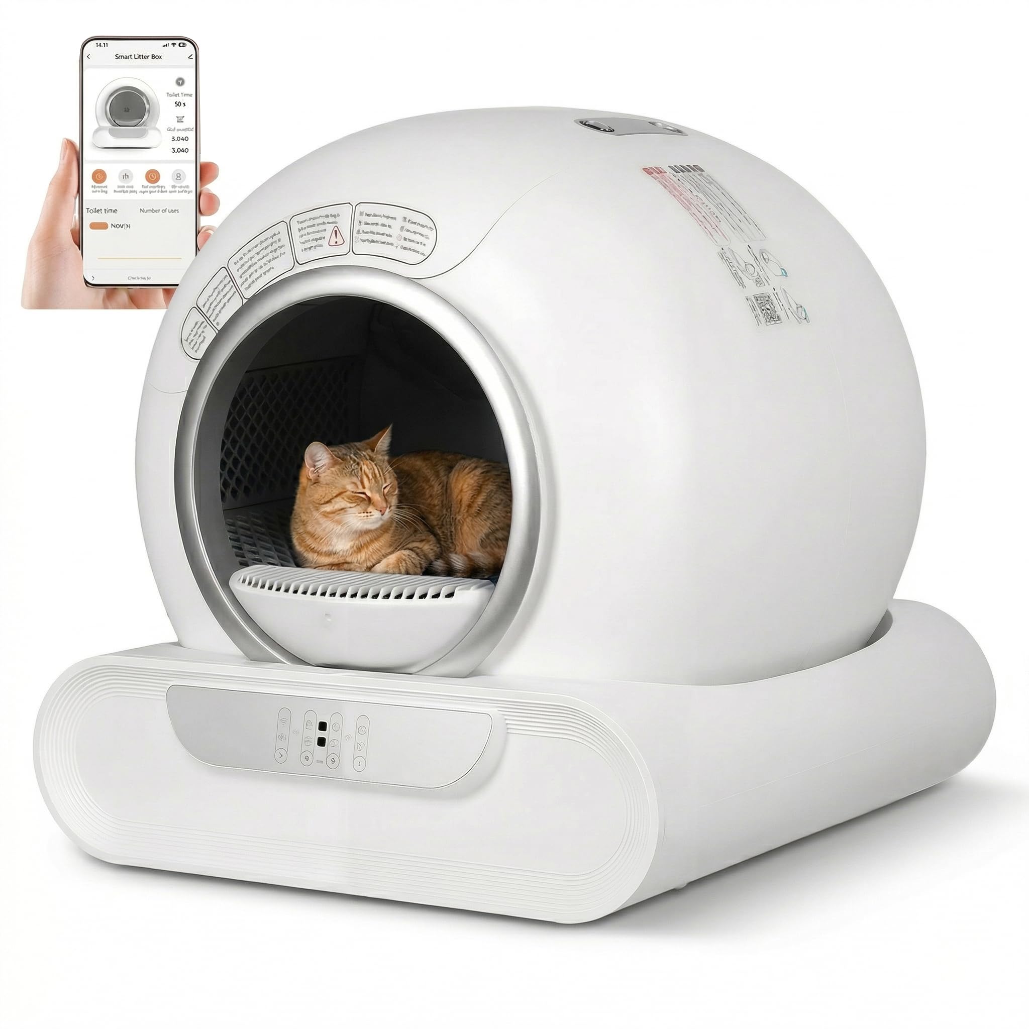 Self Cleaning Cat Litter Tray, Extra Large Automatic Cat Litter Box with App Control, Safety Protection and Lower Entry, Enclosed Odour Removal Smart Litter Tray for Multiple Cats Under 9 kg (White)