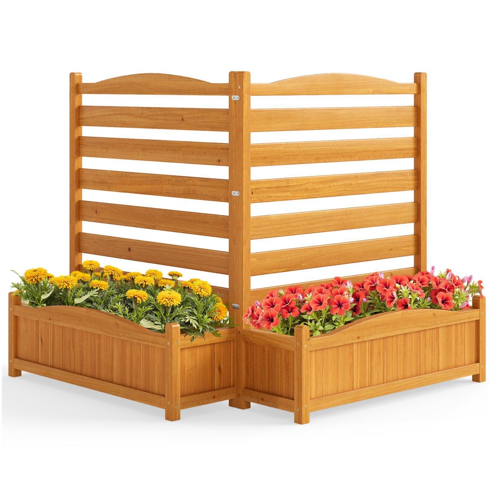 HOMASIS 2 Blumenkästen mit Gartenzaun, Holz Pflanzkasten mit Sichtschutz, Hochbeet mit Spalier & Abluflöchern, DIY modulare Pflanzkübel mit Gartenspalier für Garten Balkon Terrasse (2 Zäune)