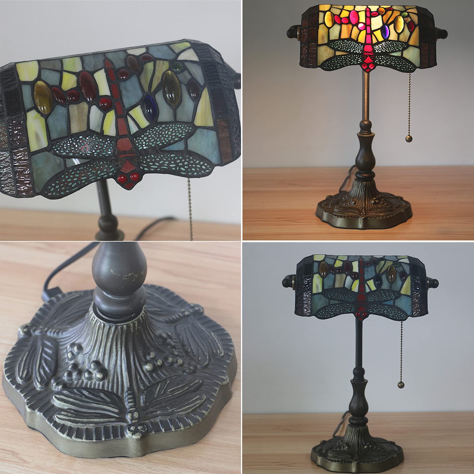Lampada da banchiere, lampada a forma di libellula, lampada, lampada da comodino in vetro colorato, lampada da tavolo antica per pianoforte da lettura per ufficio per soggiorno camera da letto (B)