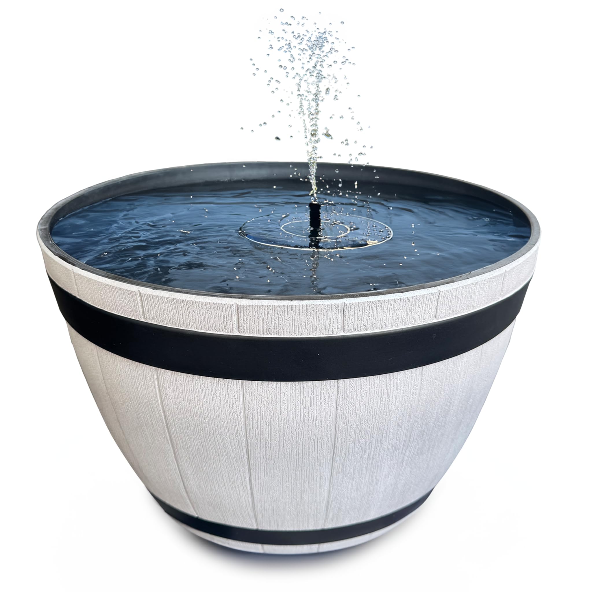 Outdoor Solar Fountain Set - Large 51 cm Wooden Barrel Look Bowl Grey as Garden Fountain