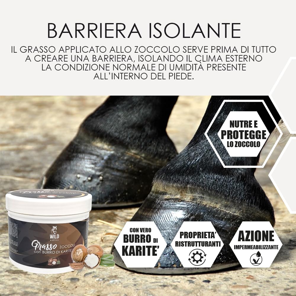 Wild Horses | Grasso per Zoccoli al Burro di Karitè, Rigenera, Isola e Protegge, Cura le Falangi Fragili, Secche o Screpolate, 500g, Made in Italy
