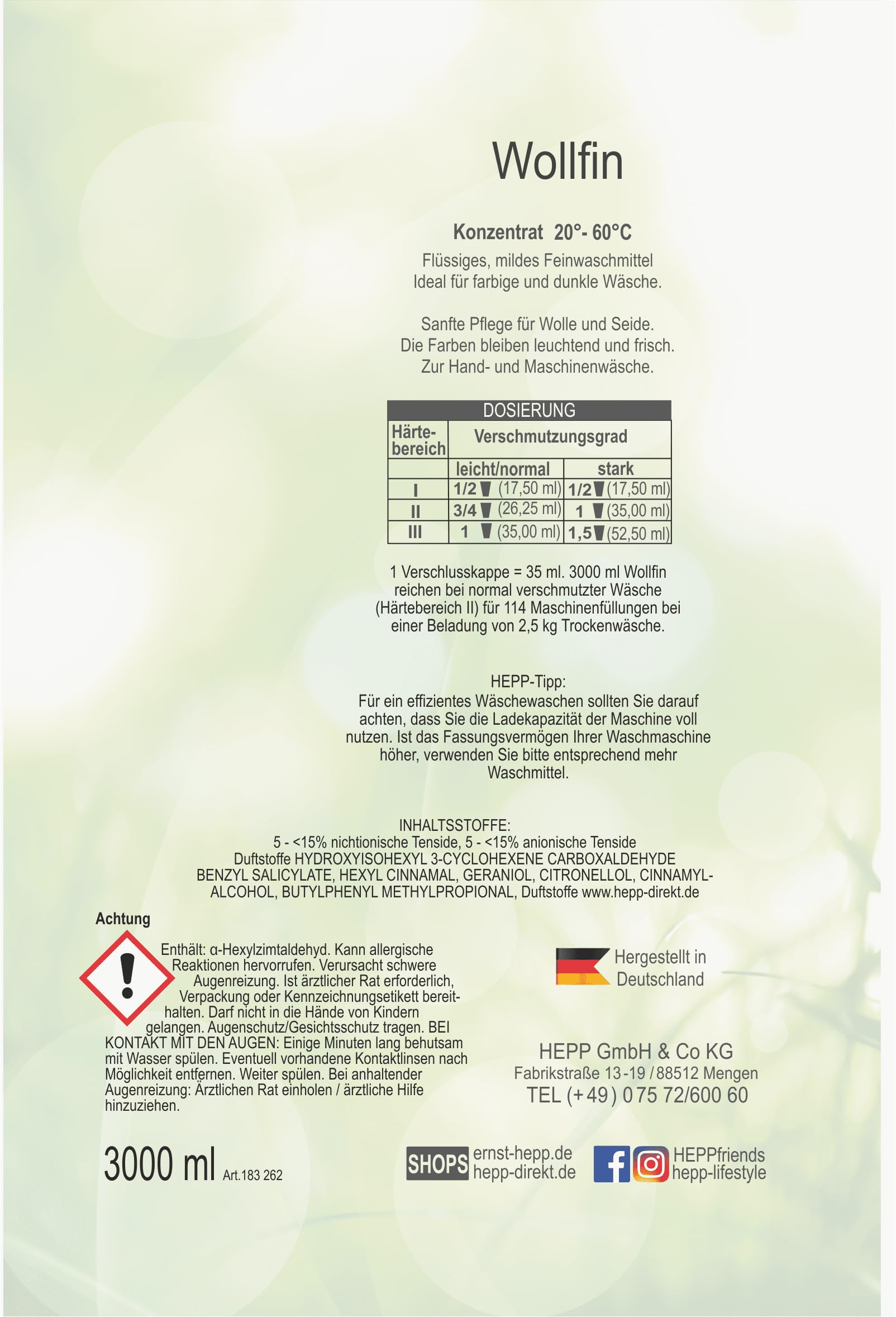 Hepp GmbH & Co KG – Wollfin green gras Flüssiges Feinwaschmittel-Konzentrat 6000 ml (2 x 3000 ml Henkelflasche) 228 WL