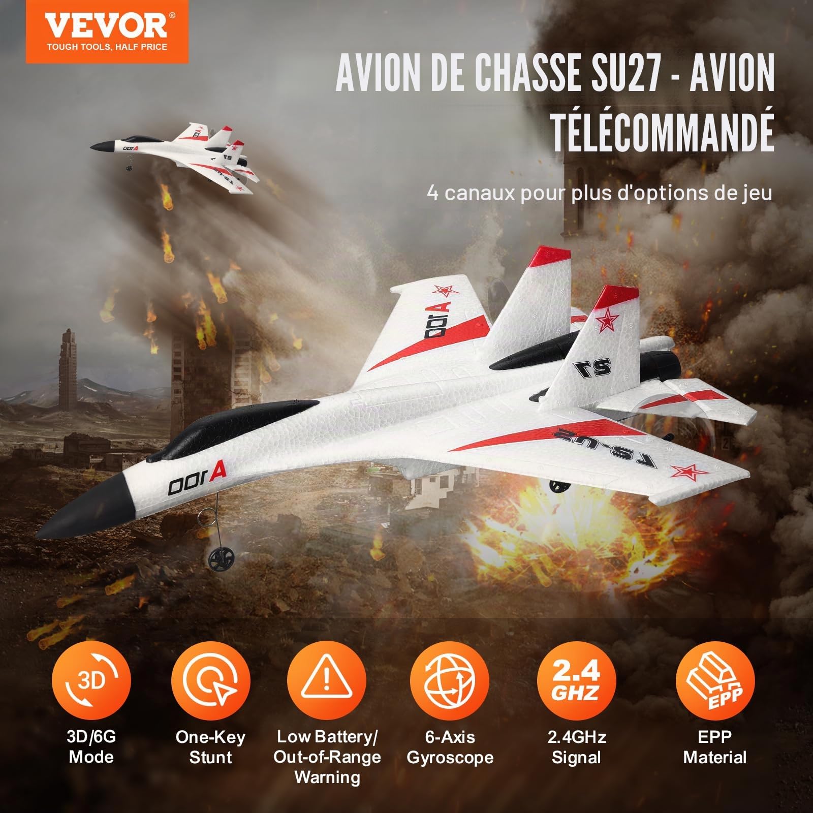 VEVOR Avion RC télécommandé 2,4 GHz 4 canaux stabilisateur gyroscopique 6 axes mousse EPP prêt à voler