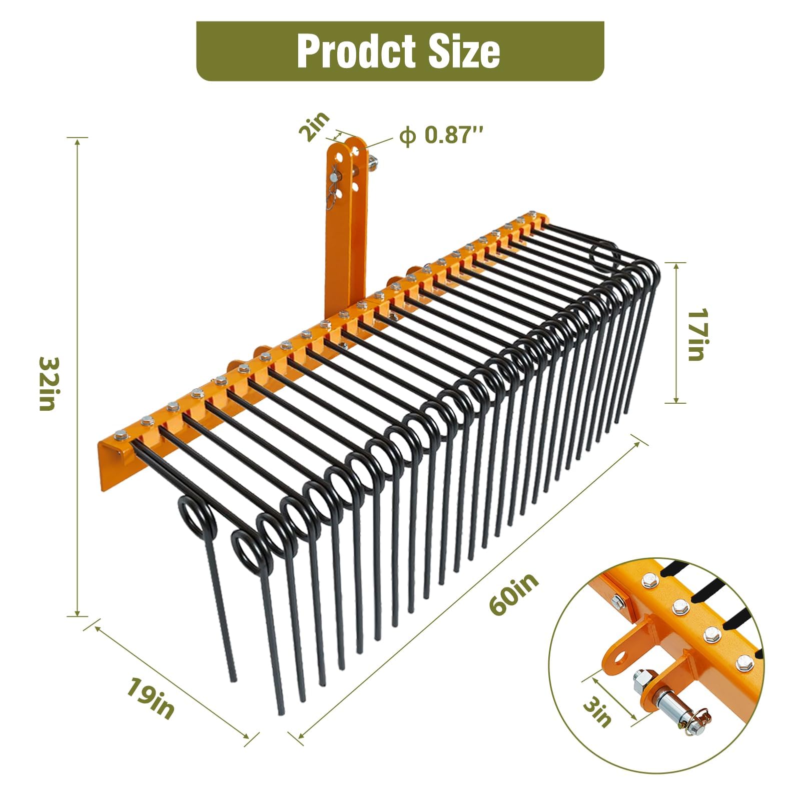 Rastrello trainabile per paglia di pino 152 cm – 26 denti a molla in acciaio resistente verniciato a polvere – Attacco a 3 punti per trattori Cat0/Cat1 – Perfetto per foglie ed erba – Giallo