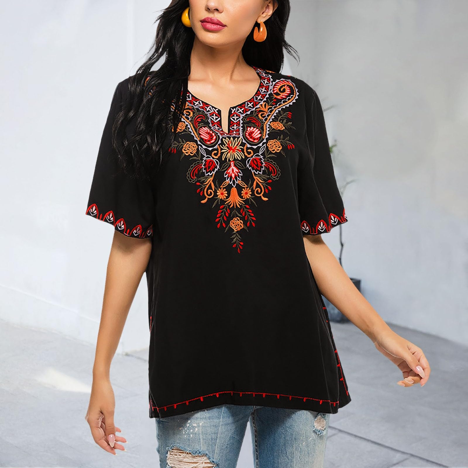 Top estivo da donna ricamato, a maniche corte, stile bohémien, vestibilità larga, stile hippie