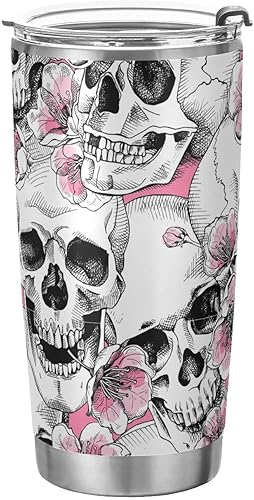 Vaso térmico rosa con diseño de calavera y flores con tapa y pajita, de acero inoxidable, doble pared al vacío, taza de viaje, taza de agua, taza de