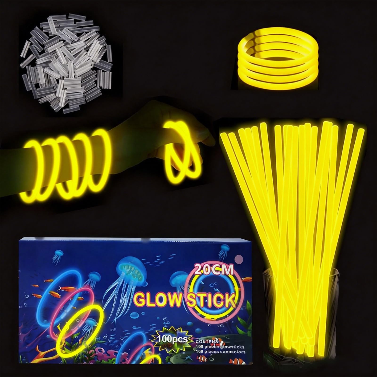 YAAVAAW 100Pcs Yellow Glow Sticks Party Packs,Glow in the Dark Party Supplies,Children Glow Stick Necklaces Bracelets,20cm Glowsticks Bulk for Kids Adults Halloween Christmas Easter Party Bag Fillers — image 1
