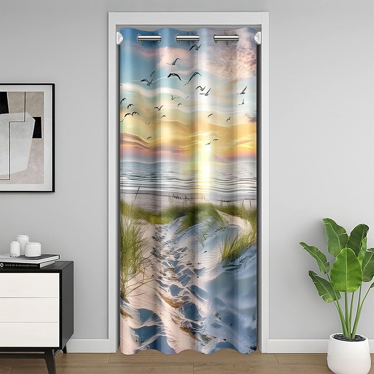 Feelyou Sunset Beach Door Curtain for Doorway Privacy 42" x 80" Coastal Ocean Seagull Closet Door Cover Curtain for Bedroom Living Room Natural Landscape Room Divider Curtain Cover