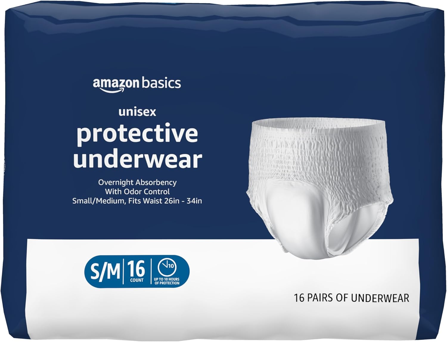 Amazon Basics Unisex Protective Underwear, Overnight Absorbency, Small/Medium, 16 Count, (1 Pack of 16) GreenCircle Certified: Certified Environmental Facts Label