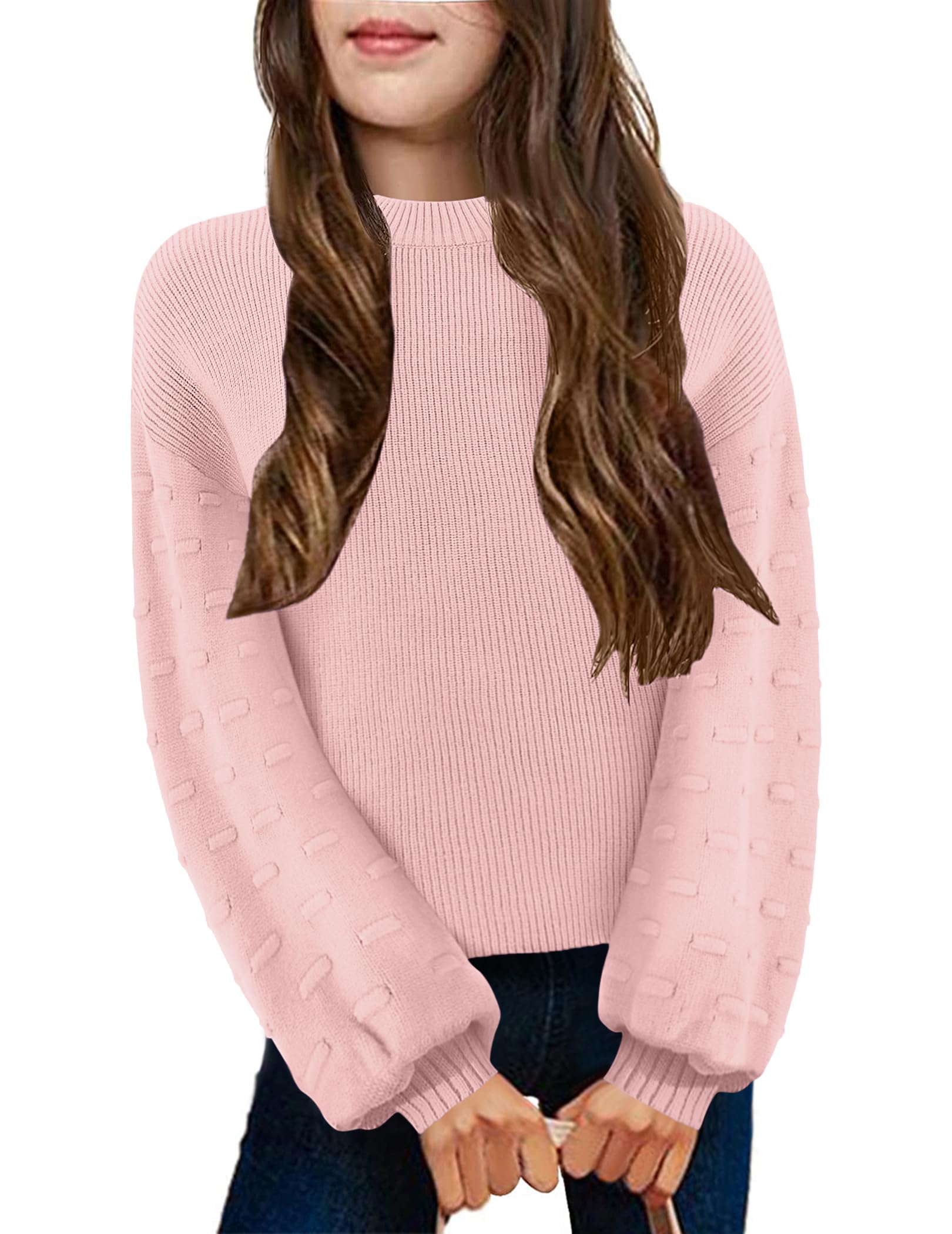 Arshiner Girls Crewneck Sweaters Chunky Lantern Sleeve Knit Jumper Tops Casual Drop Shoulder Pullover Outwear for 5-13 Years