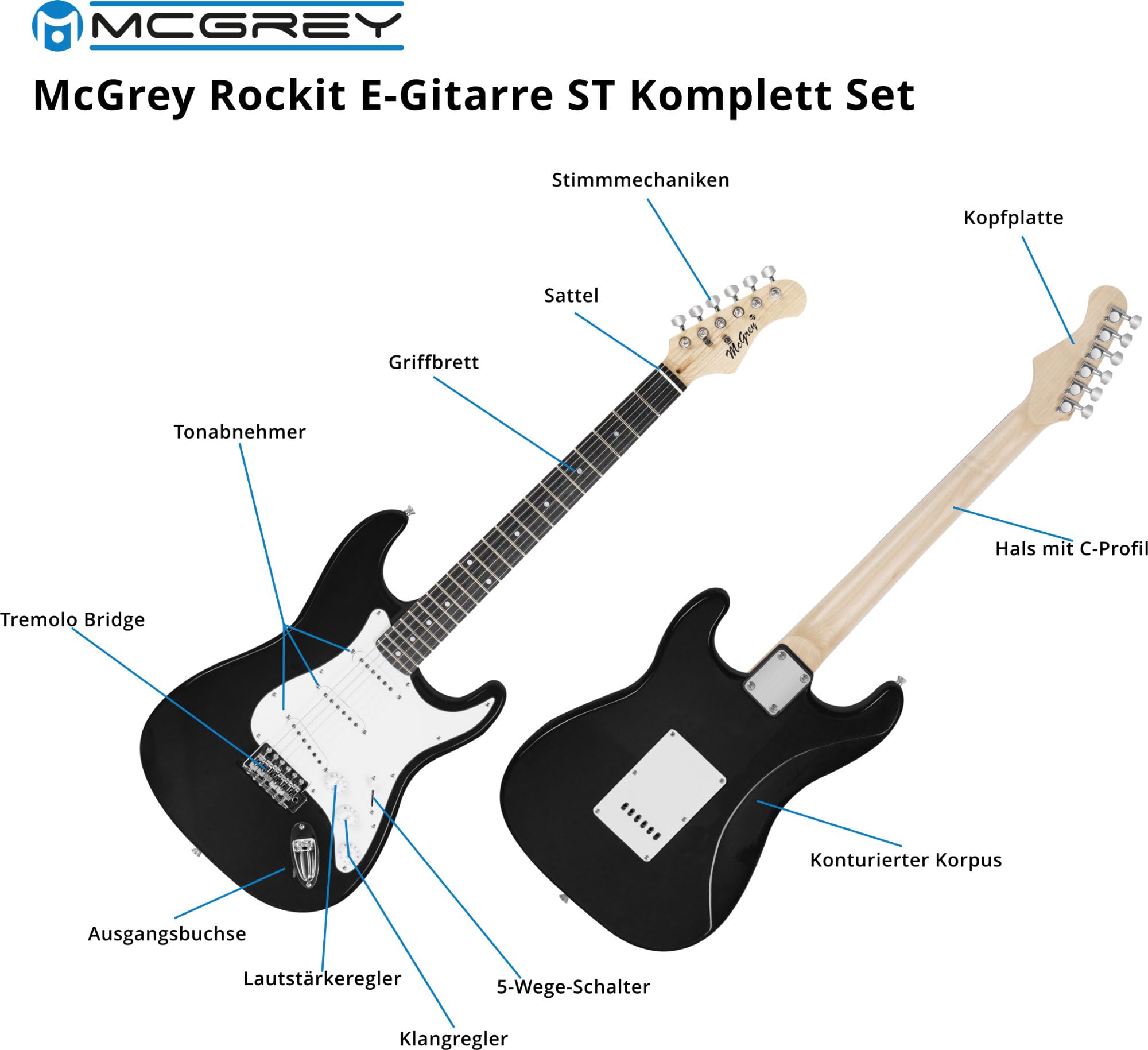 McGrey Rockit ST Komplettset E-Gitarre (8-teiliges Anfängerset mit Gitarre, Verstärker, Ersatzsaiten, Gitarrentasche, Stimmgerät, Plektren, Gurt und Gitarrenkabel) Schwarz