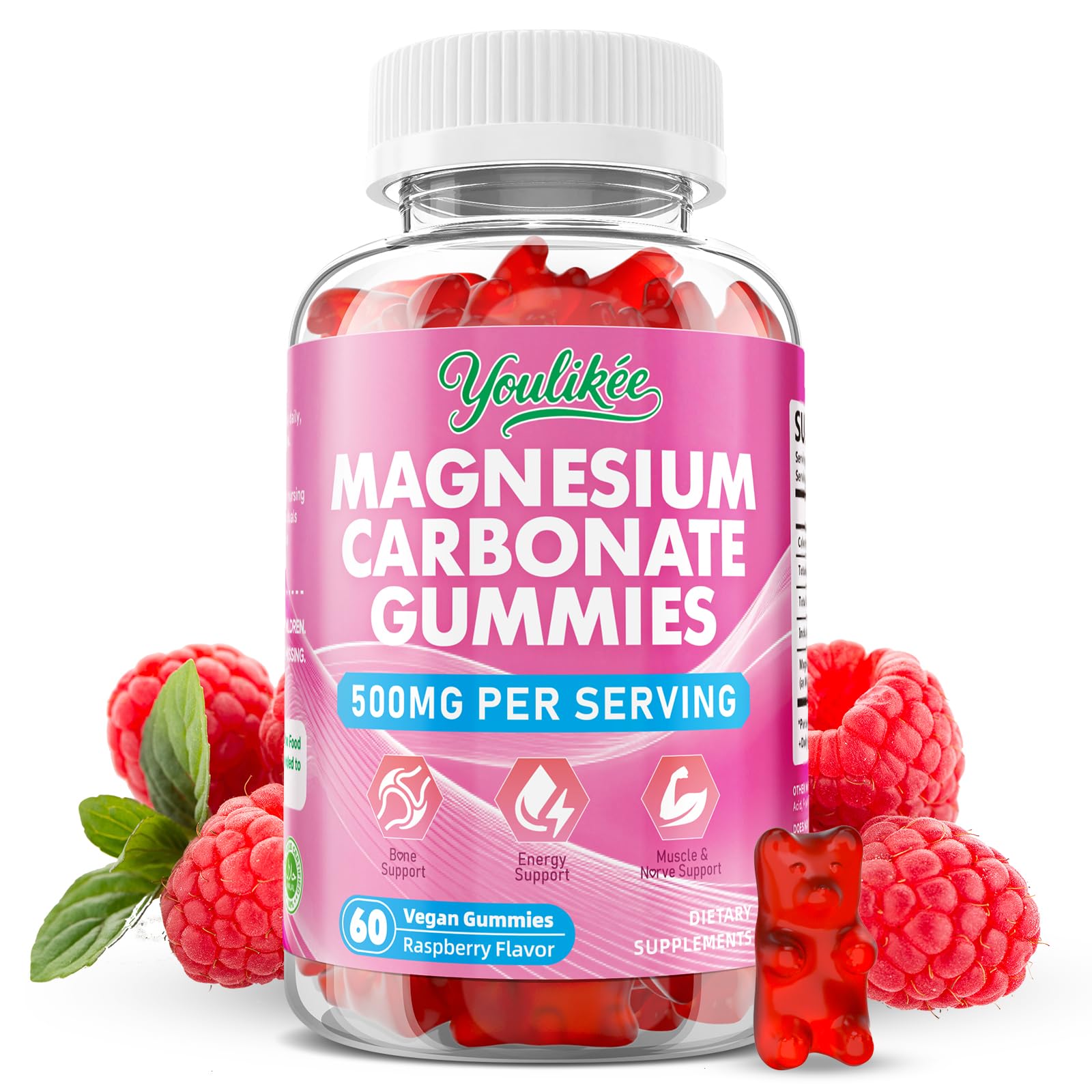 Magnesium Carbonate 500mg Gummies, Raspberry Flavor, 60 Count 60 Count (Pack of 1)