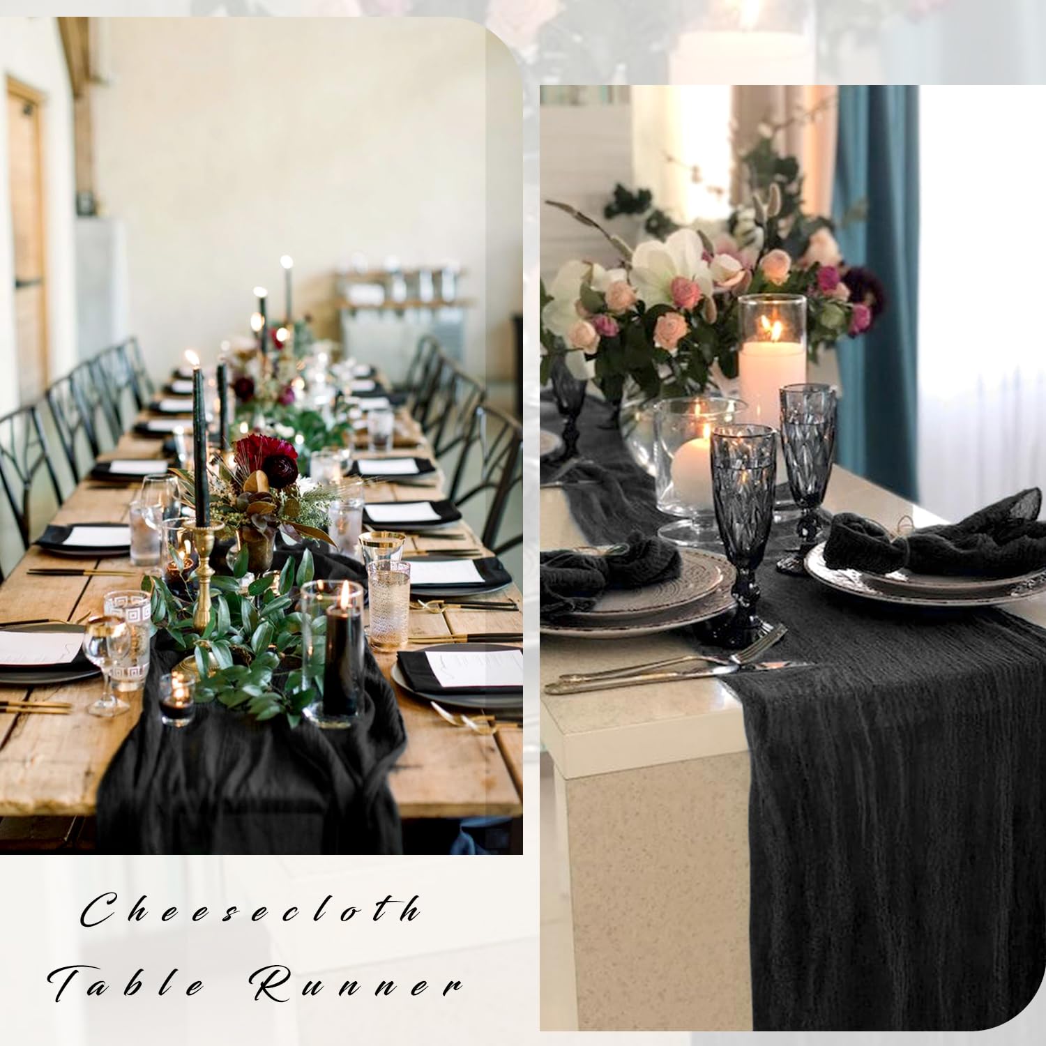 Black Cheesecloth Table Runners - 8 Pack 10ft Boho Gauze Fabric - Sheer Rustic Table Runner For Wedding, Baby Shower, Party Decor