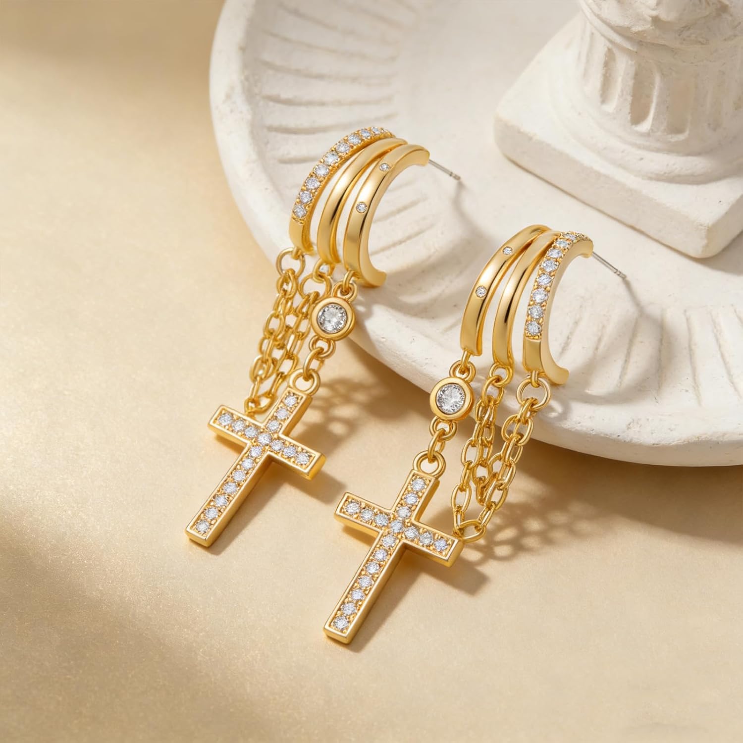 Dainty Dangle Earrings for Women 14k Gold Plated Triple Huggie Hoop Studs with Chain Cute Cross Teardrop CZ Drop Earring Statement Trendy Jewelry - Image 6