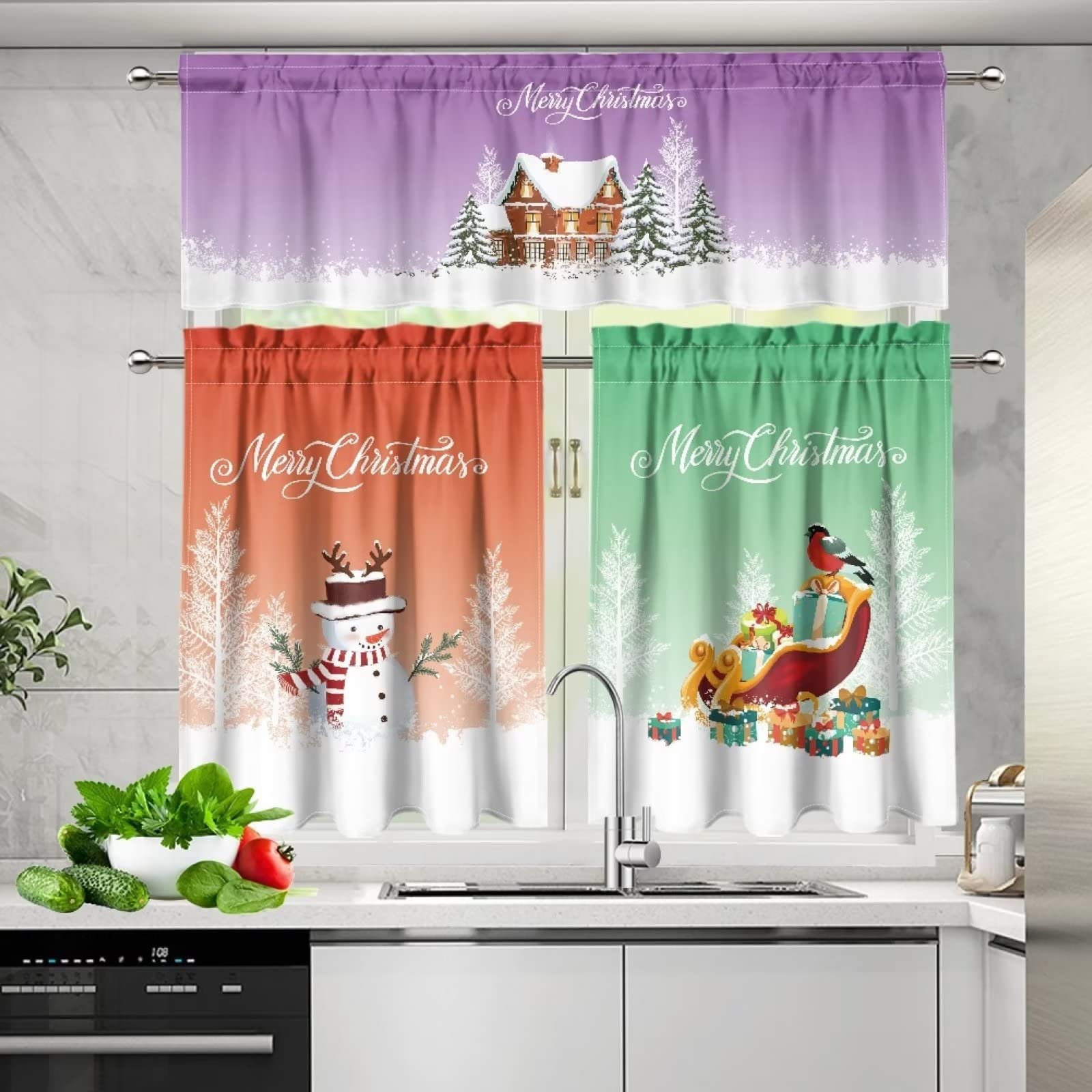 ZFRXIGN Christmas Decor Kitchen Curtain and Valances Set Purple Green Orange Valance Curtain for Window Garden Dorm Decorate Medium Valances for Boys Girls Kids Bedroom Window Drapes Short Curtain