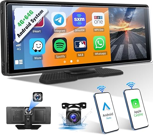 Radio portátil para automóvil con cámara de salpicadero, 4G+64G 8 Core Android 13 estéreo para automóvil, 10.26 pulgadas, inalámbrico, Apple