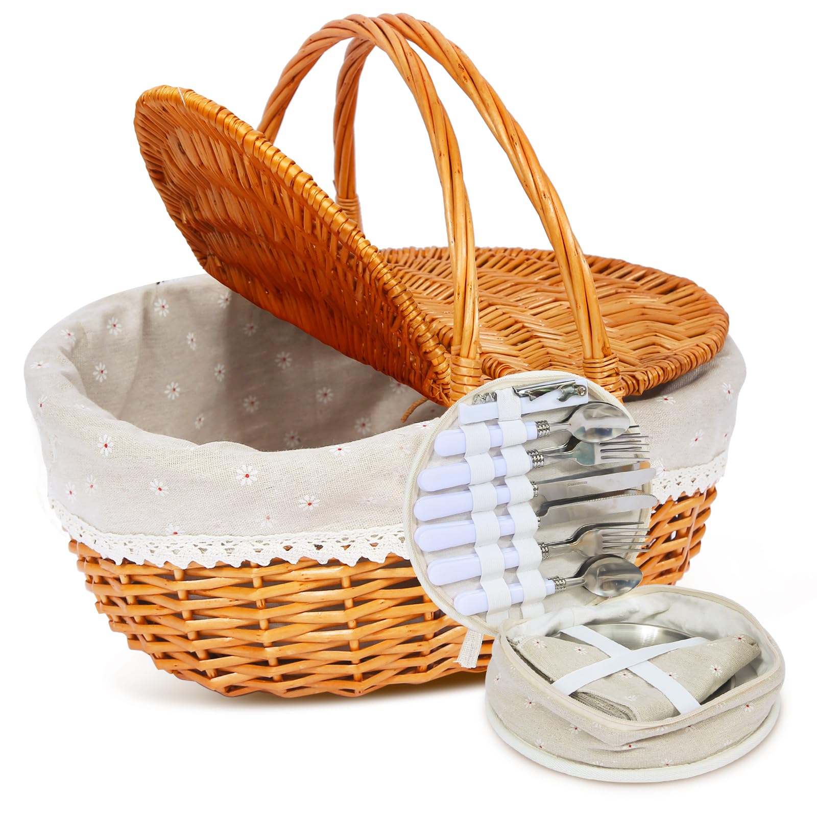 Juego de cesta de picnic de mimbre para 4 personas con tapa y asa, cesta de picnic con forro lavable y juego de cubiertos para exteriores, camping, Halloween, Navidad y cumpleaños