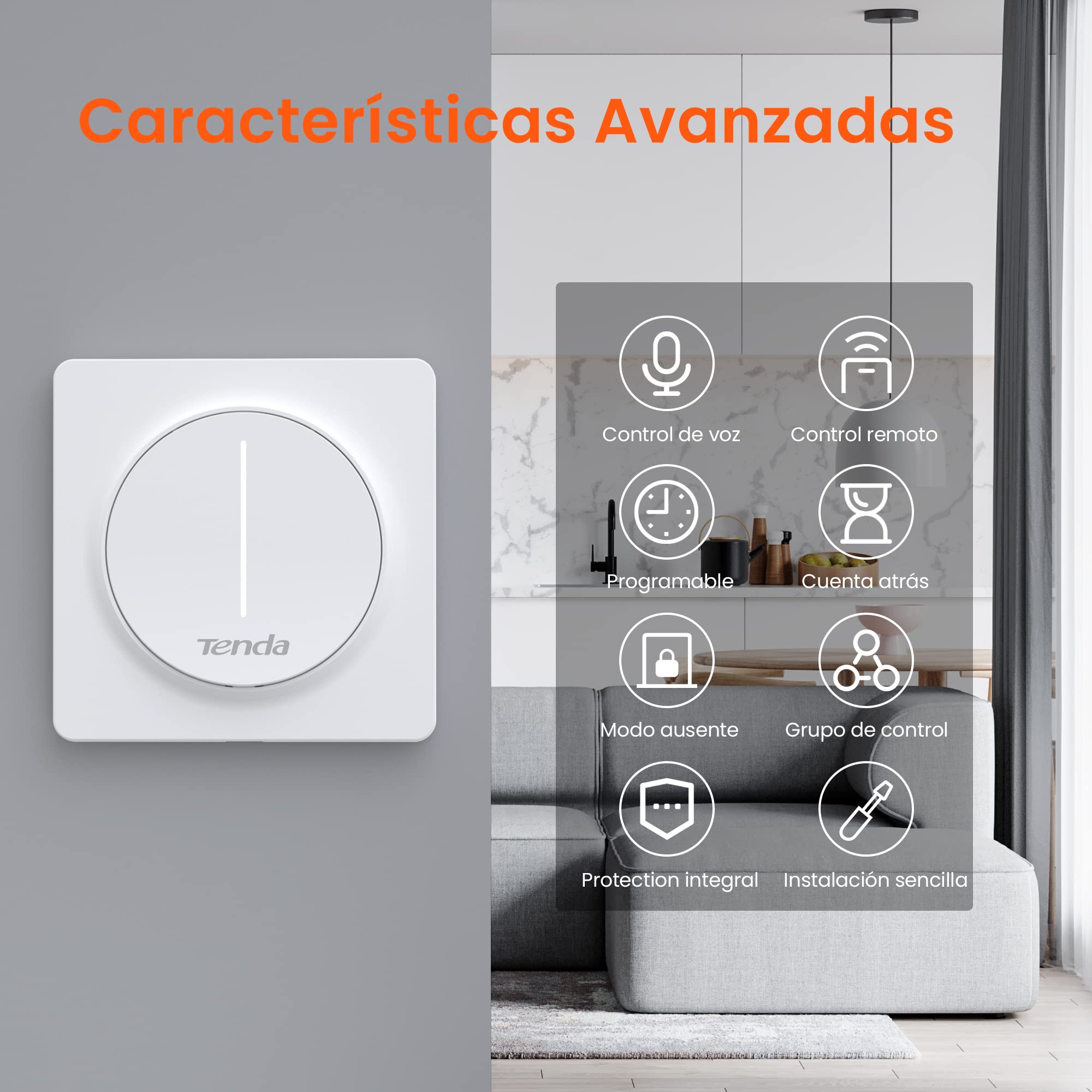 Tenda SS9 Interruptor de Atenuación Inteligente, Interruptor de luz WiFi Táctil de Pared, 2.4GHz, Funciona con Alexa y Google, No Requiere Concentrador, Neutral Requerido, un Polo 10A, Control Remoto