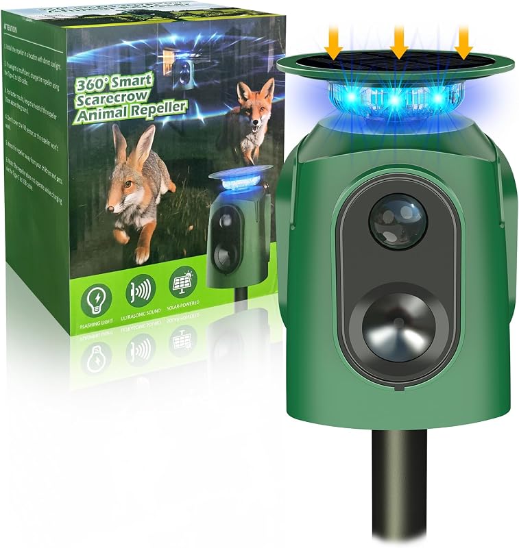 Repelente de animales ultrasónico solar mejorado, repelente de gatos de 360° al aire libre con sensor de movimiento, repelente de perros impermeable IP65 con luz de flash para ahuyentar conejos, ciervos, ardillas, zorrillos para jardín y césped