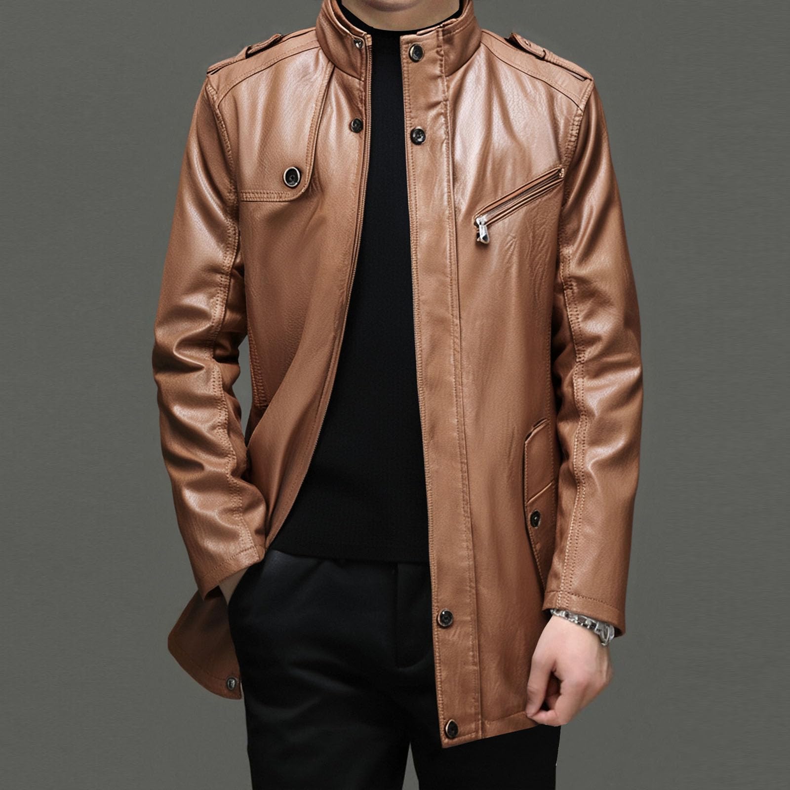 Giacca da uomo in ecopelle di media lunghezza gotica autunno inverno colletto alla coreana giacca in pelle Bussiness PU trench coat