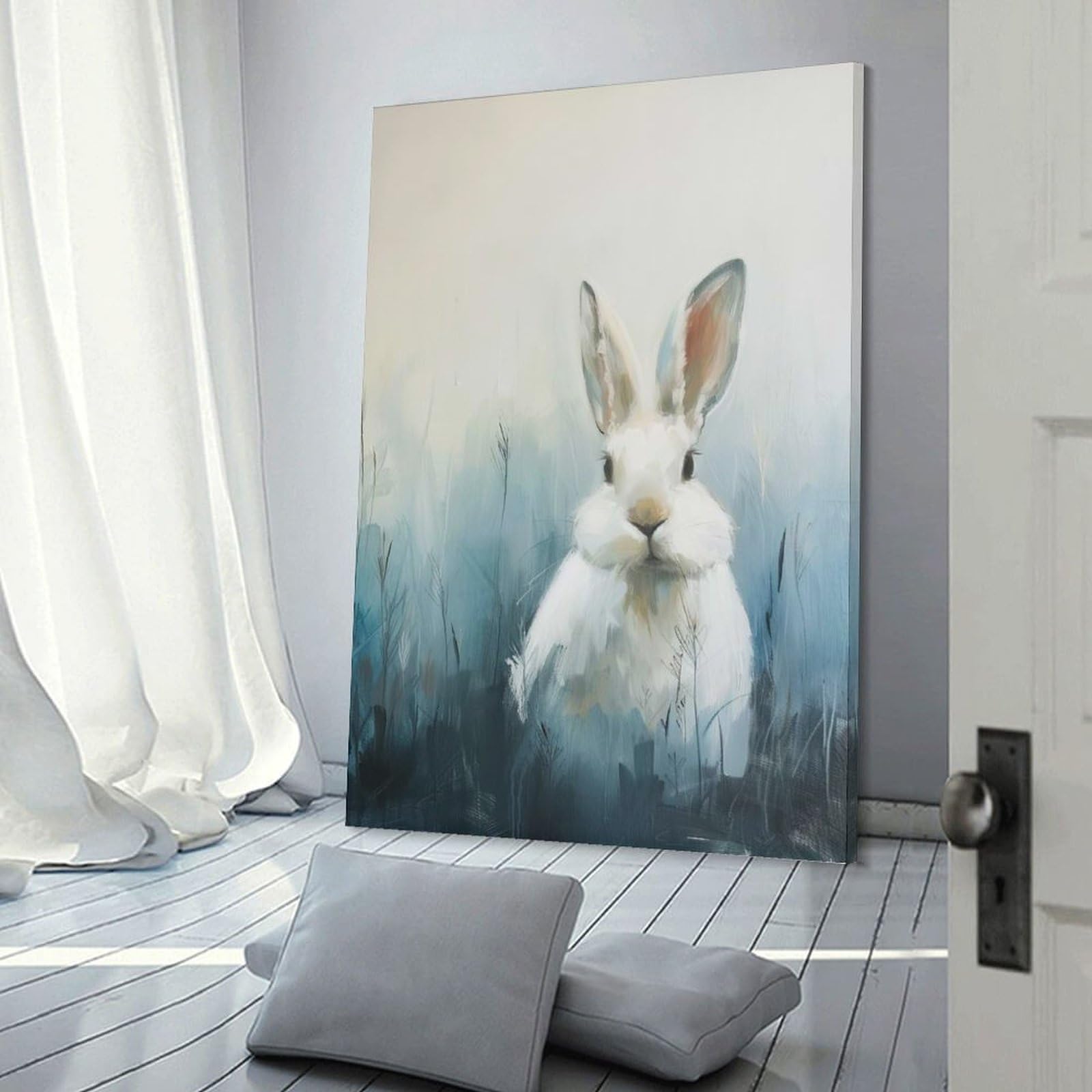 Junmoney Frame-Style-4 White Rabbit In Blue Field Painting Room Decor Wall Art 08X12inch(20X30cm), For Lounge Decor, Offices Or Entryway Styling, A Flexible Wall Accent For Shared Spaces