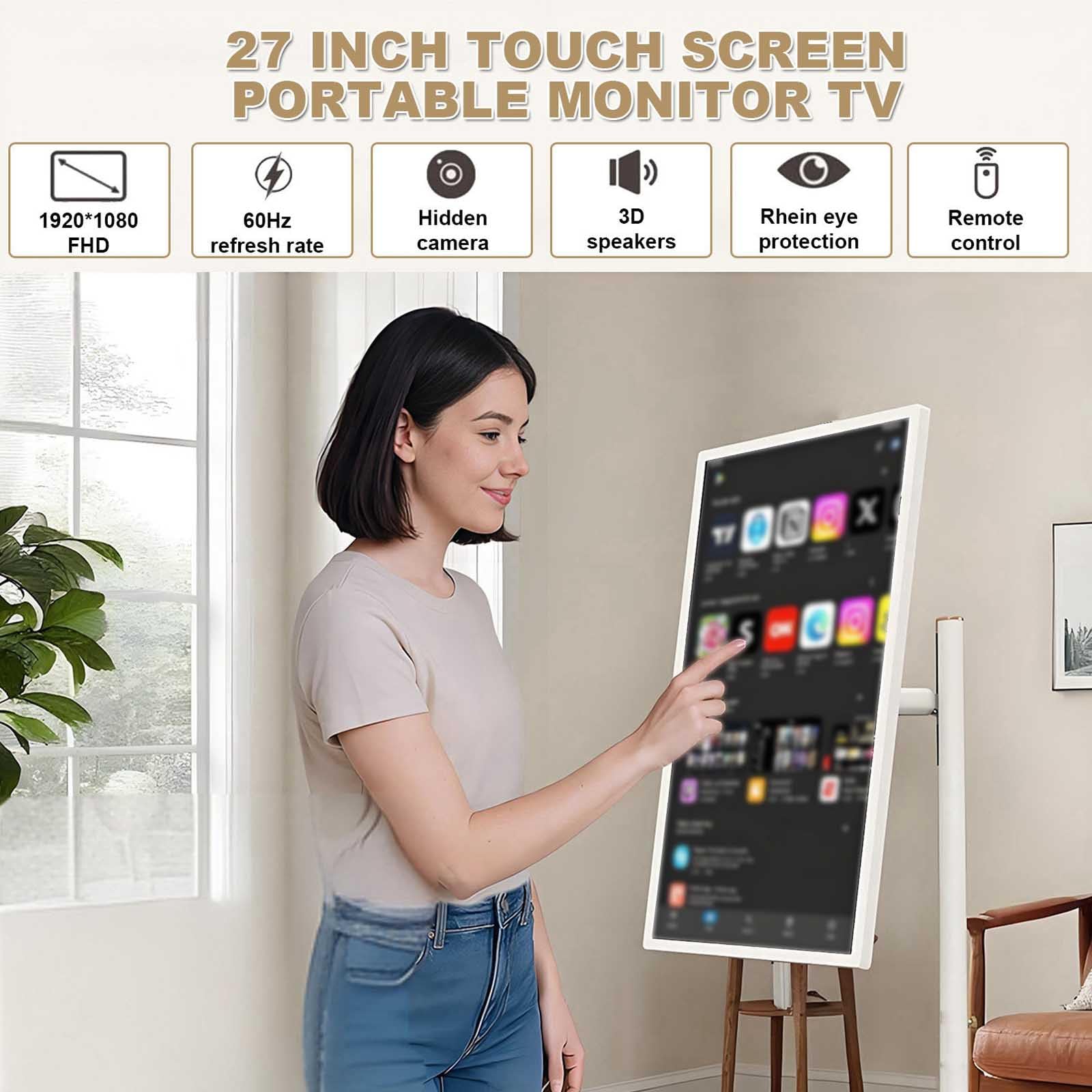Draagbare Smart-Tv, 27-Inch Full Hd-Touchscreen,Draagbare Touchscreen-Monitor,Met Wielen En Afstandsbediening,7 Uur Batterijduur,Draadloos/Bekabeld Schermspiegelen,Slim Roterend Display 4+64GB