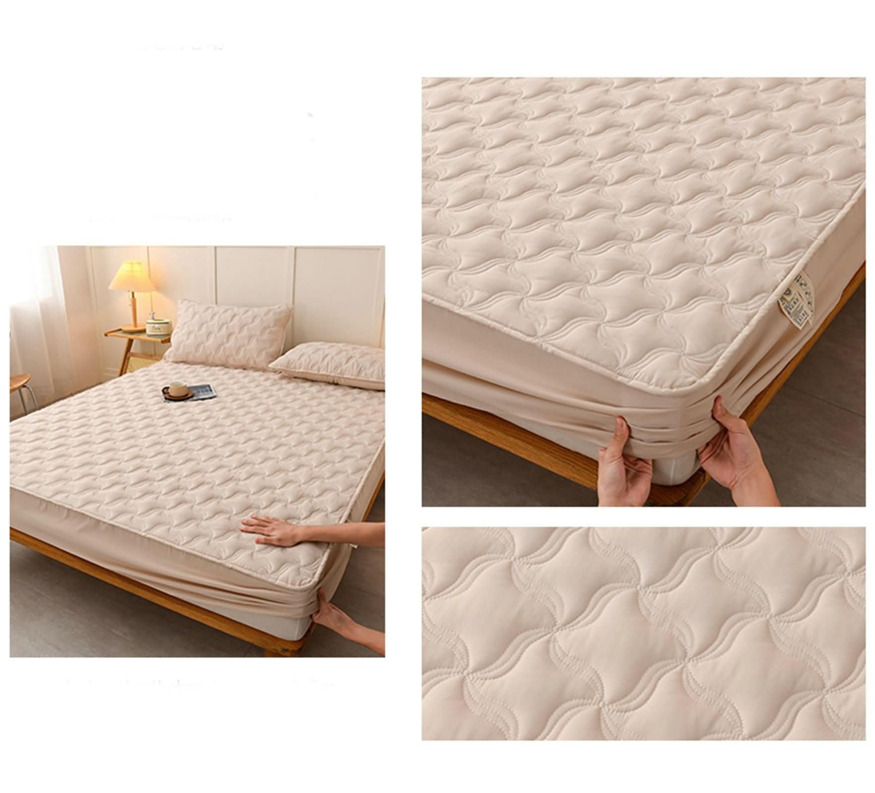 Set de 3 Piezas Sabana Bajera Matrimonio de Algodón Lavado, Patrón de Geométrico, 150 x 200 x 30 CM + 2 Fundas de Almohada, Sabana Bajera Matrimonio Caqui
